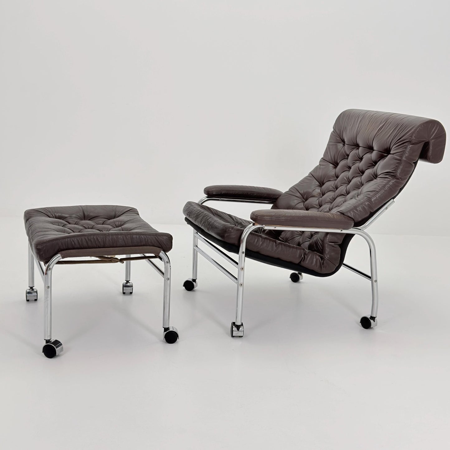Mid-Century Noboru Nakamura Lounge Chair & Footstool – Rare 1970s Leather, Chrome Frame, IKEA Sweden