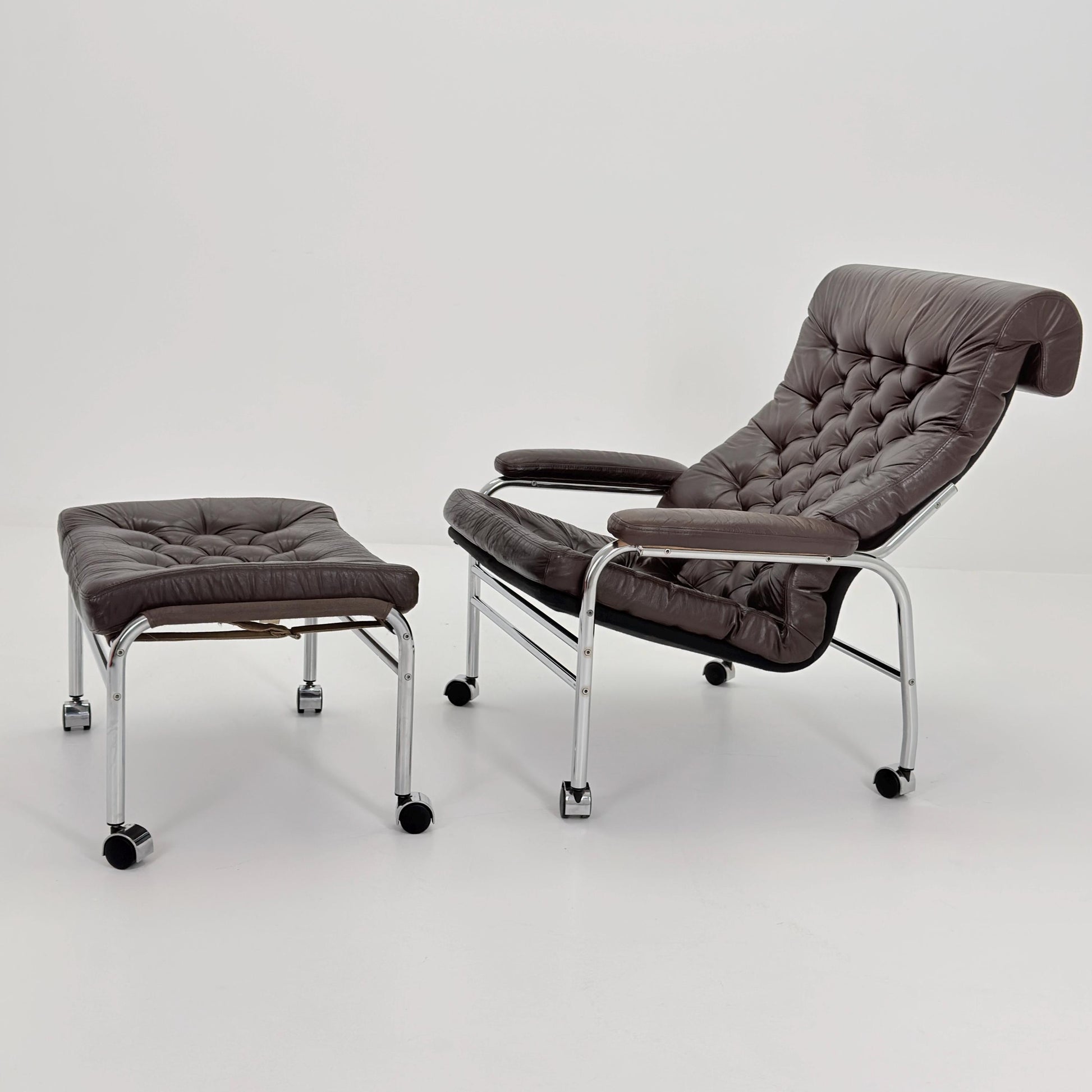Mid-Century Noboru Nakamura Lounge Chair & Footstool – Rare 1970s Leather, Chrome Frame, IKEA Sweden
