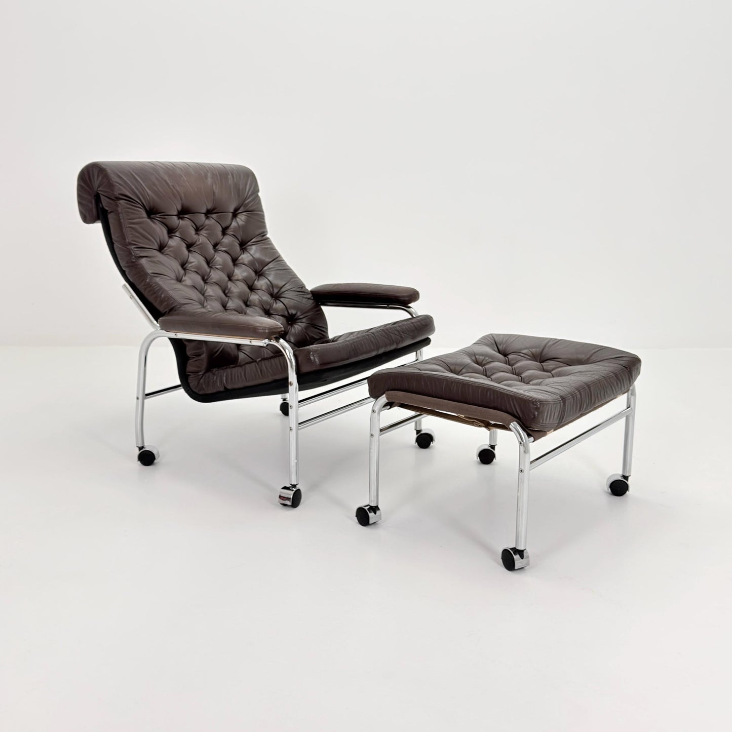 Mid-Century Noboru Nakamura Lounge Chair & Footstool – Rare 1970s Leather, Chrome Frame, IKEA Sweden