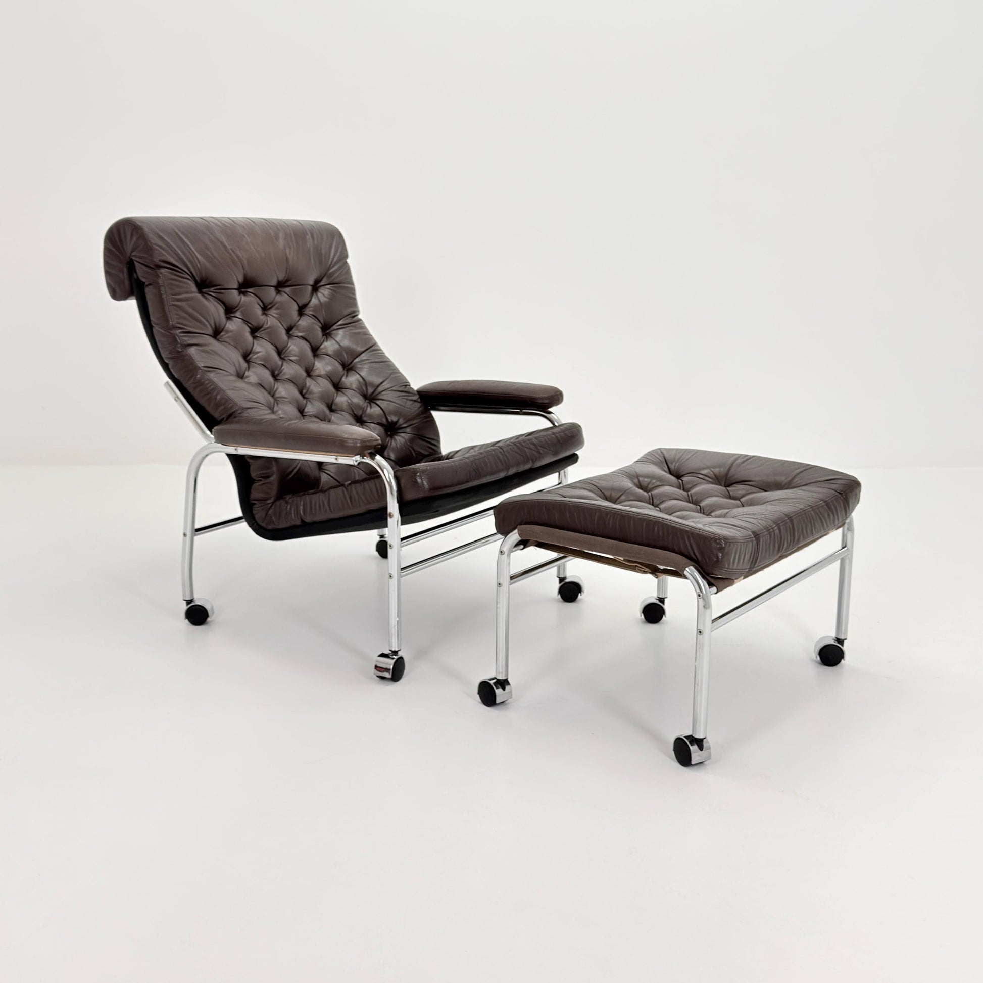 Mid-Century Noboru Nakamura Lounge Chair & Footstool – Rare 1970s Leather, Chrome Frame, IKEA Sweden