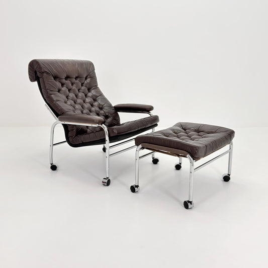 Mid-Century Noboru Nakamura Lounge Chair & Footstool – Rare 1970s Leather, Chrome Frame, IKEA Sweden