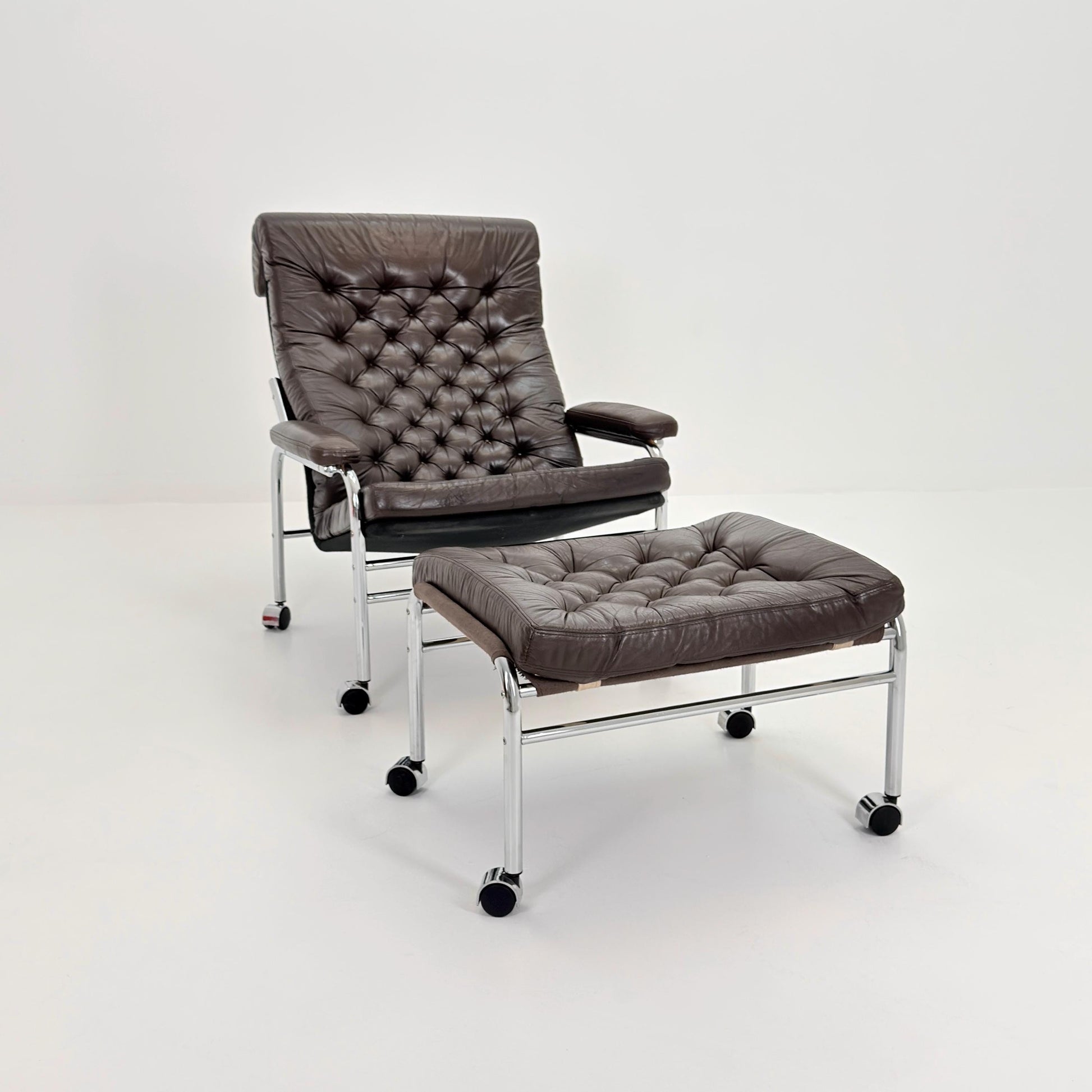 Mid-Century Noboru Nakamura Lounge Chair & Footstool – Rare 1970s Leather, Chrome Frame, IKEA Sweden