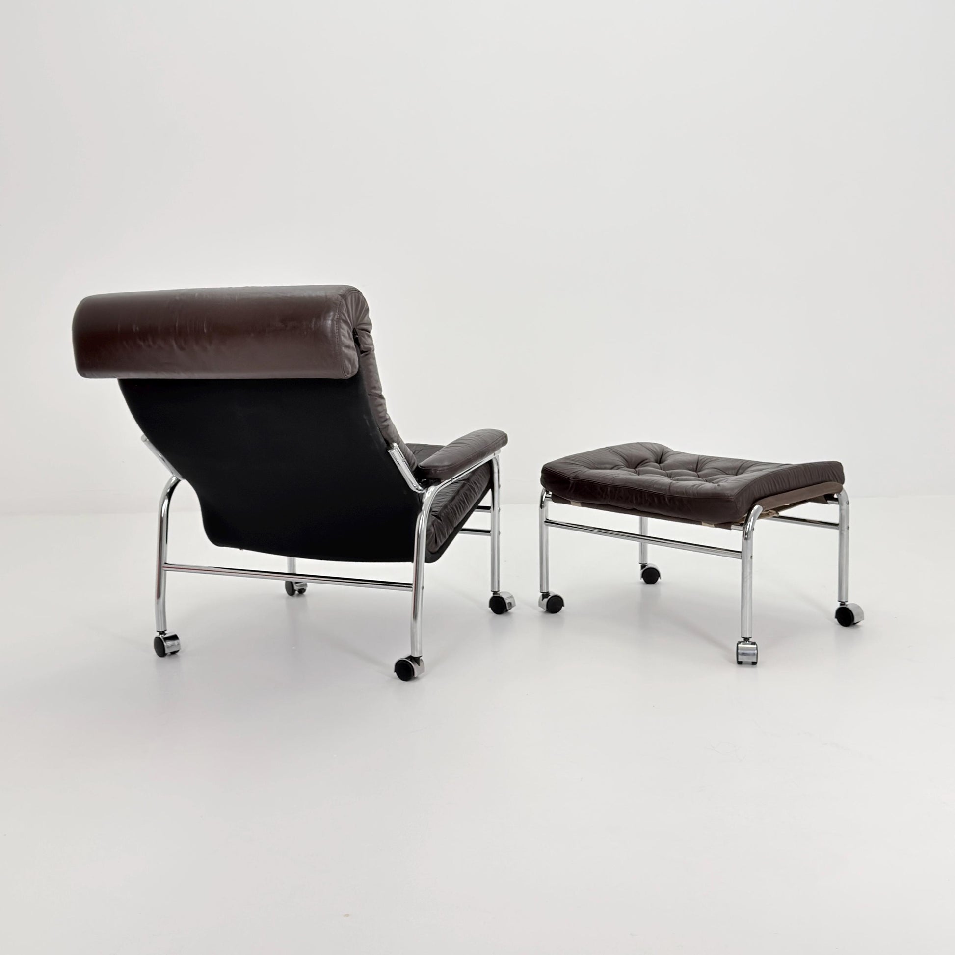 Mid-Century Noboru Nakamura Lounge Chair & Footstool – Rare 1970s Leather, Chrome Frame, IKEA Sweden