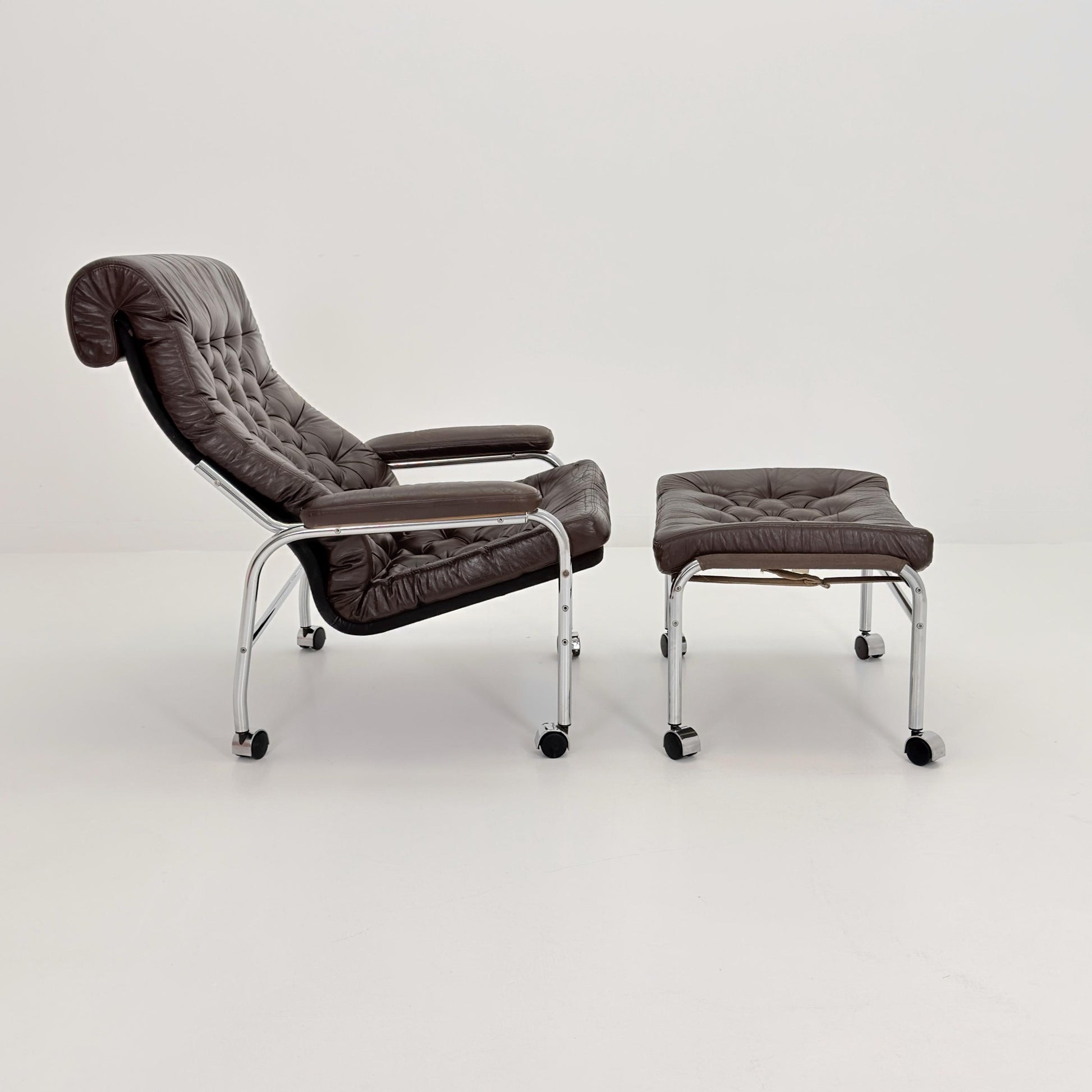 Mid-Century Noboru Nakamura Lounge Chair & Footstool – Rare 1970s Leather, Chrome Frame, IKEA Sweden