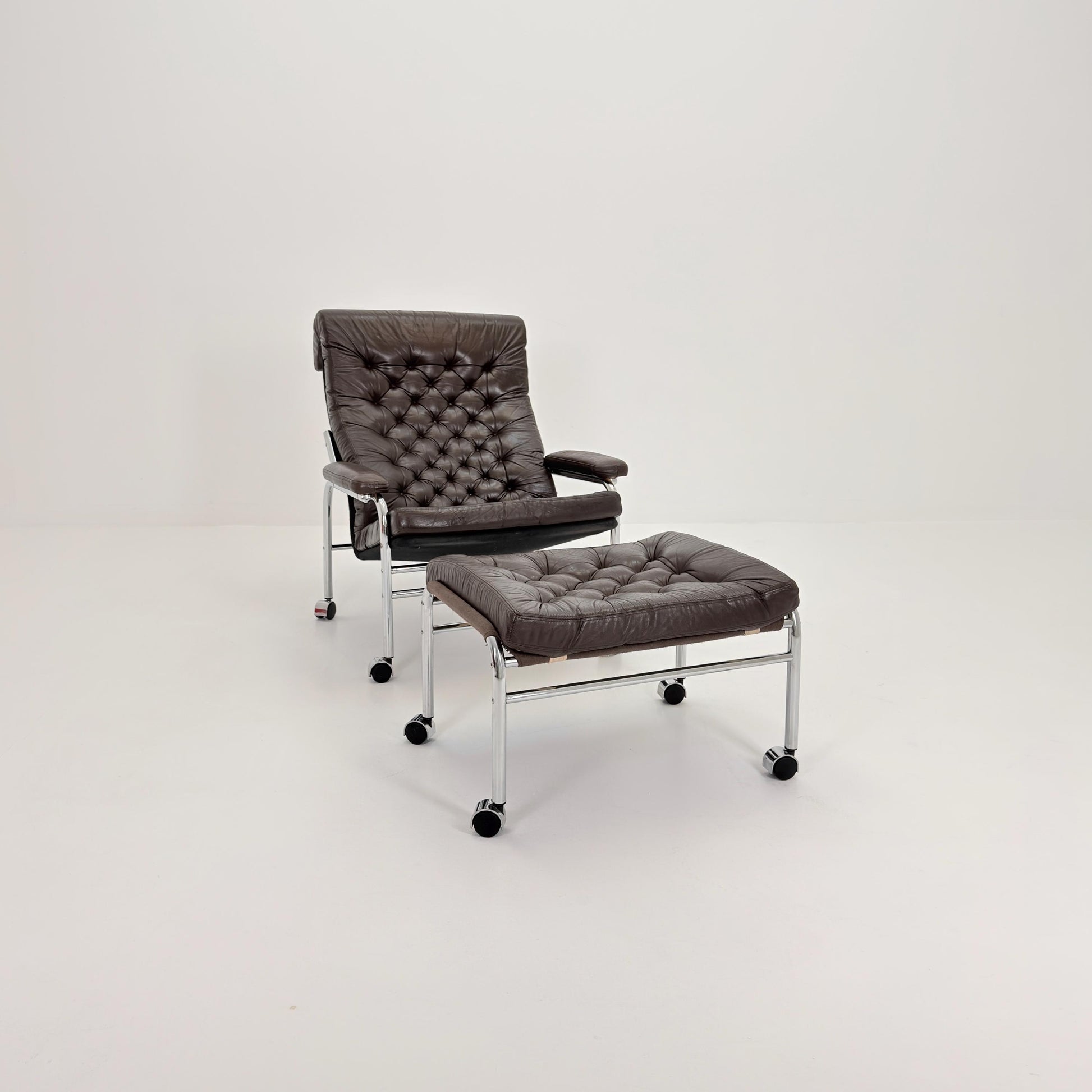 Mid-Century Noboru Nakamura Lounge Chair & Footstool – Rare 1970s Leather, Chrome Frame, IKEA Sweden