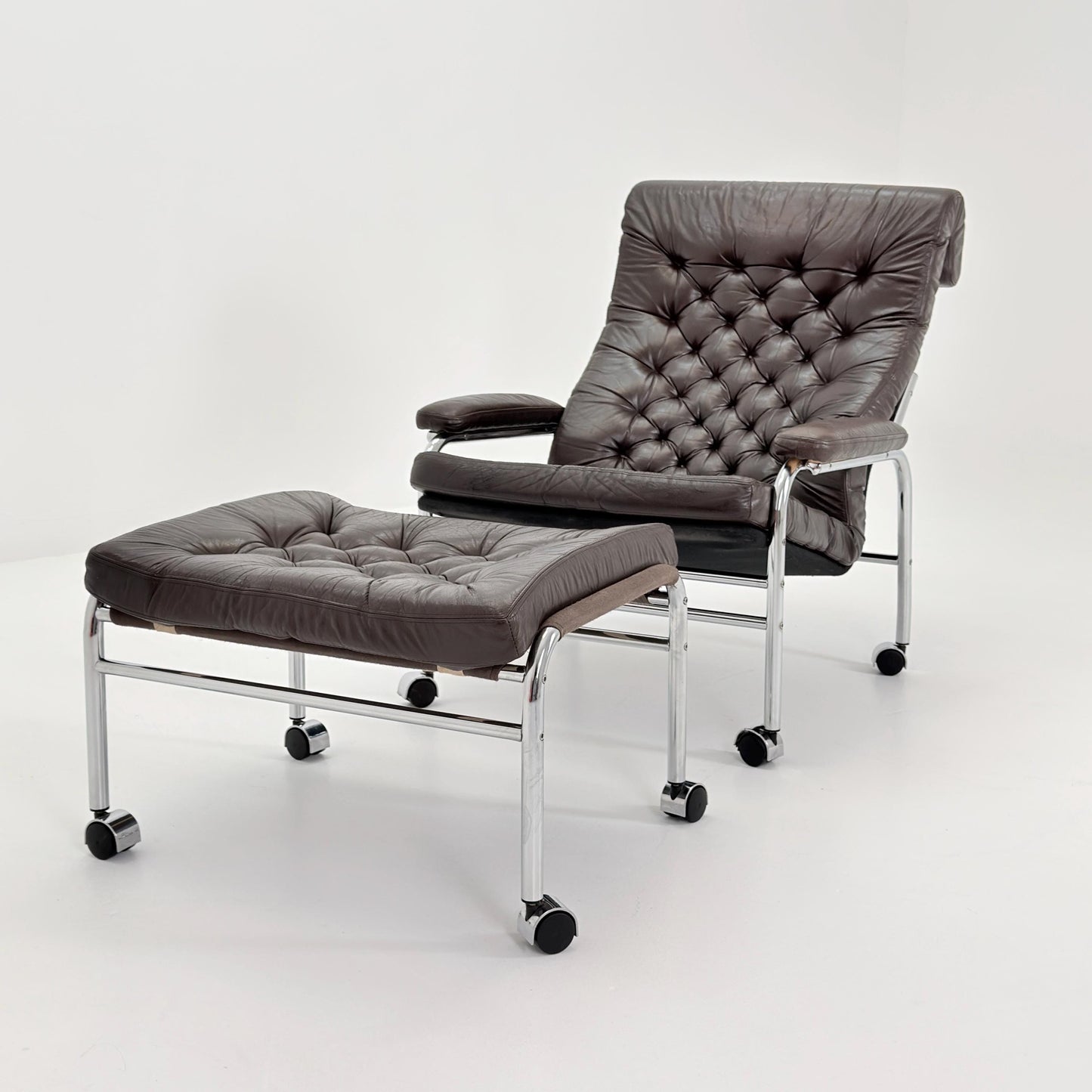 Mid-Century Noboru Nakamura Lounge Chair & Footstool – Rare 1970s Leather, Chrome Frame, IKEA Sweden
