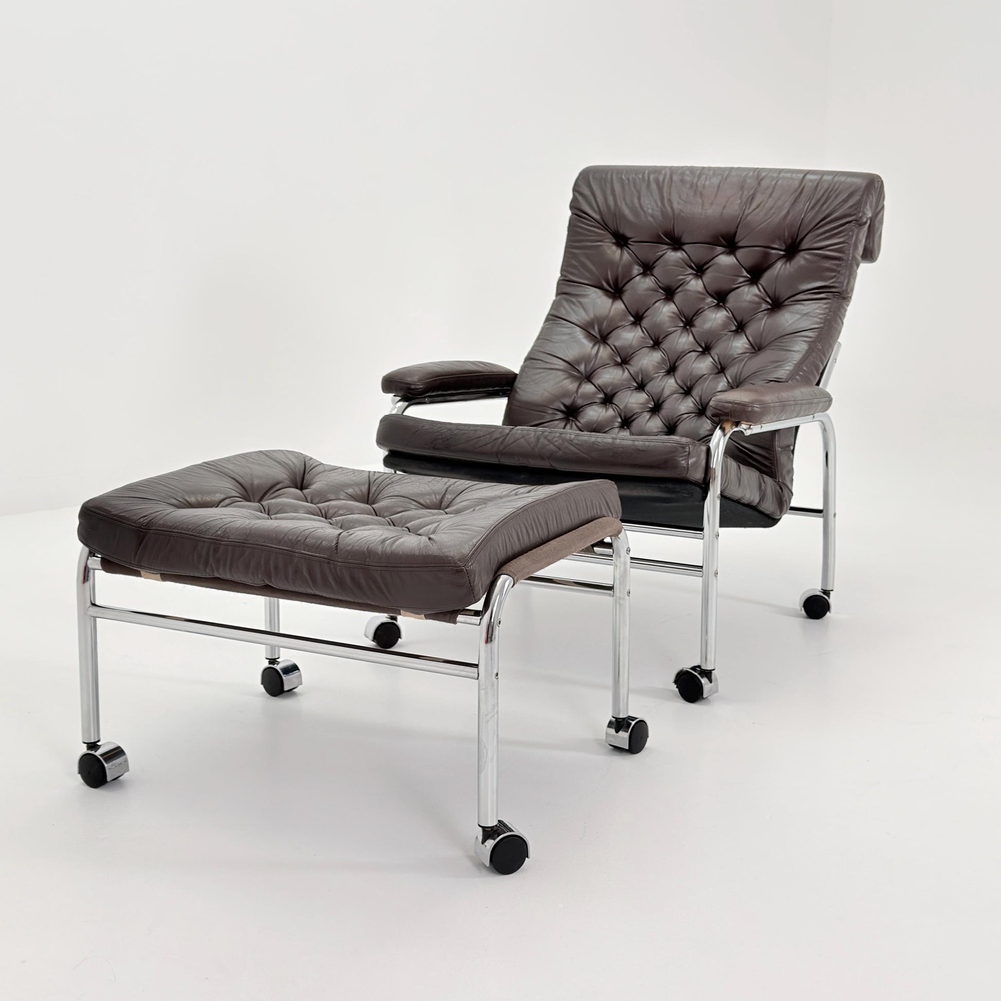 Mid-Century Noboru Nakamura Lounge Chair & Footstool – Rare 1970s Leather, Chrome Frame, IKEA Sweden