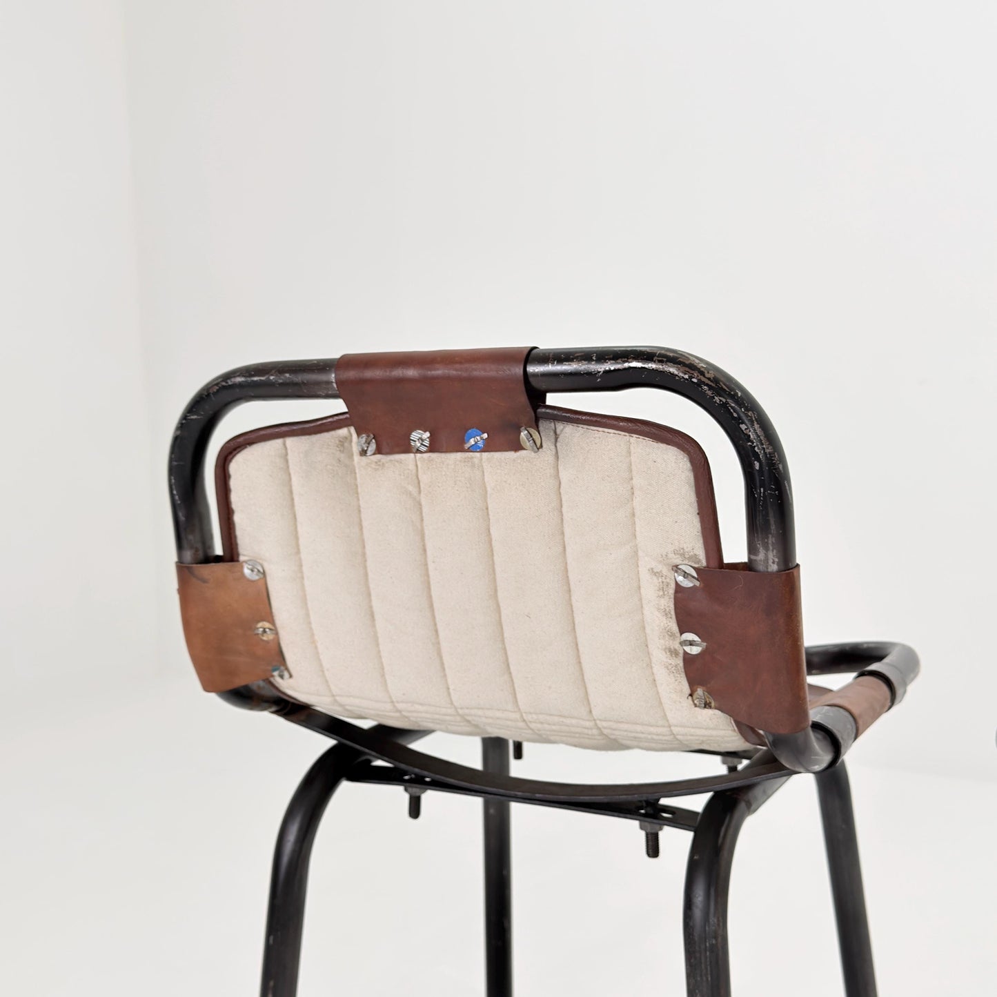 Set of 2 Mid-Century Modern Bar Chairs | Vintage Industrial Leather & Iron Stools 1980s