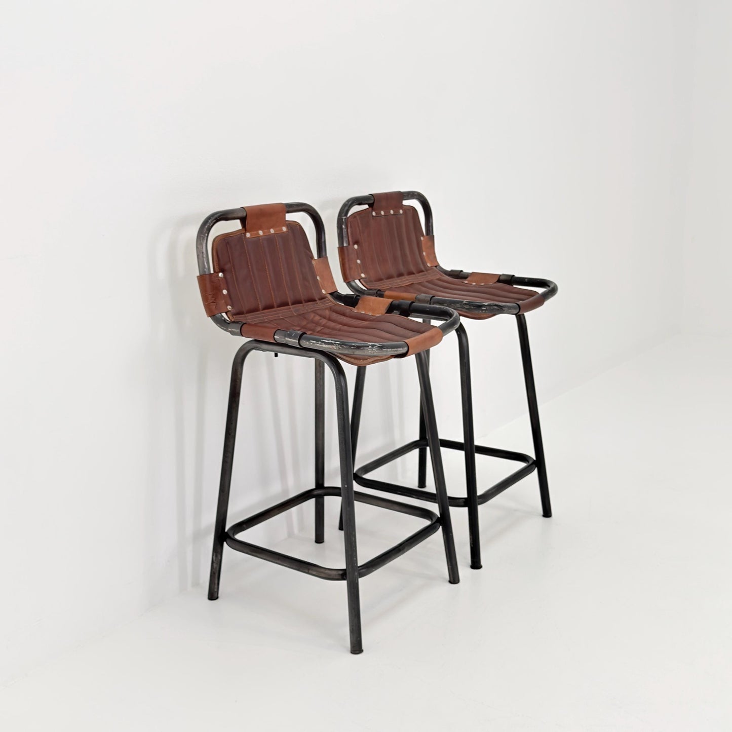 Set of 2 Mid-Century Modern Bar Chairs | Vintage Industrial Leather & Iron Stools 1980s