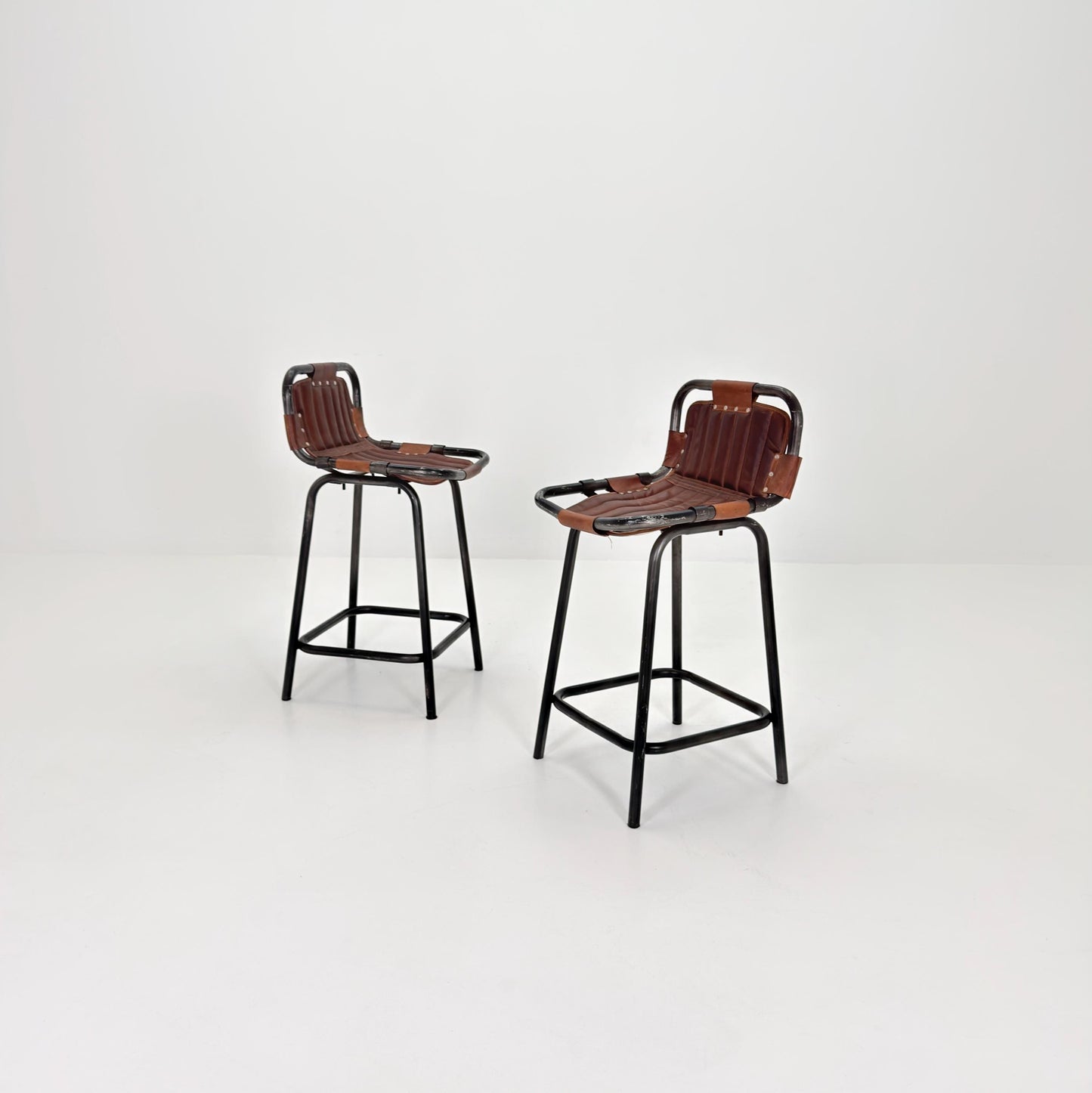 Set of 2 Mid-Century Modern Bar Chairs | Vintage Industrial Leather & Iron Stools 1980s