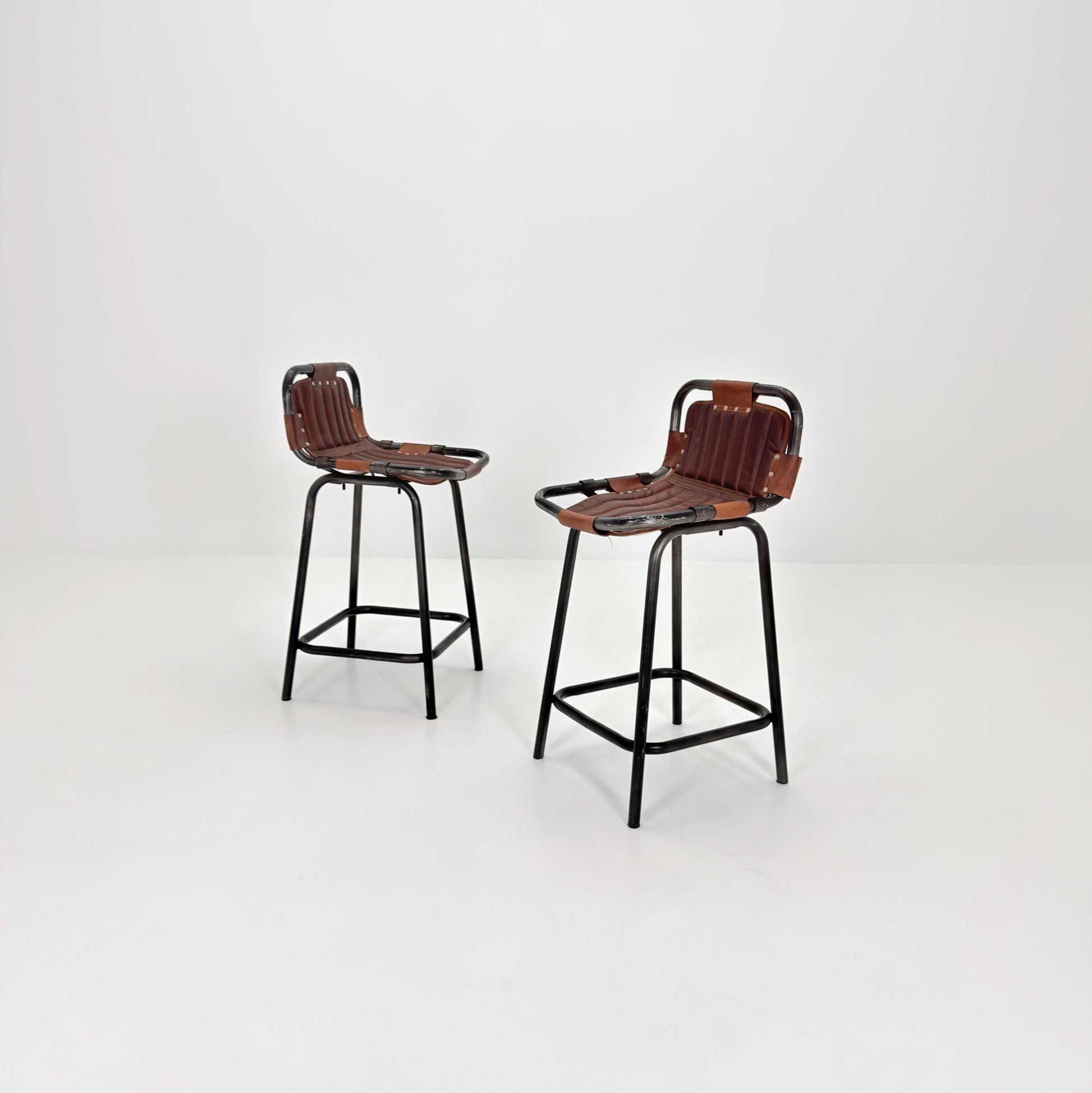 Set of 2 Mid-Century Modern Bar Chairs | Vintage Industrial Leather & Iron Stools 1980s