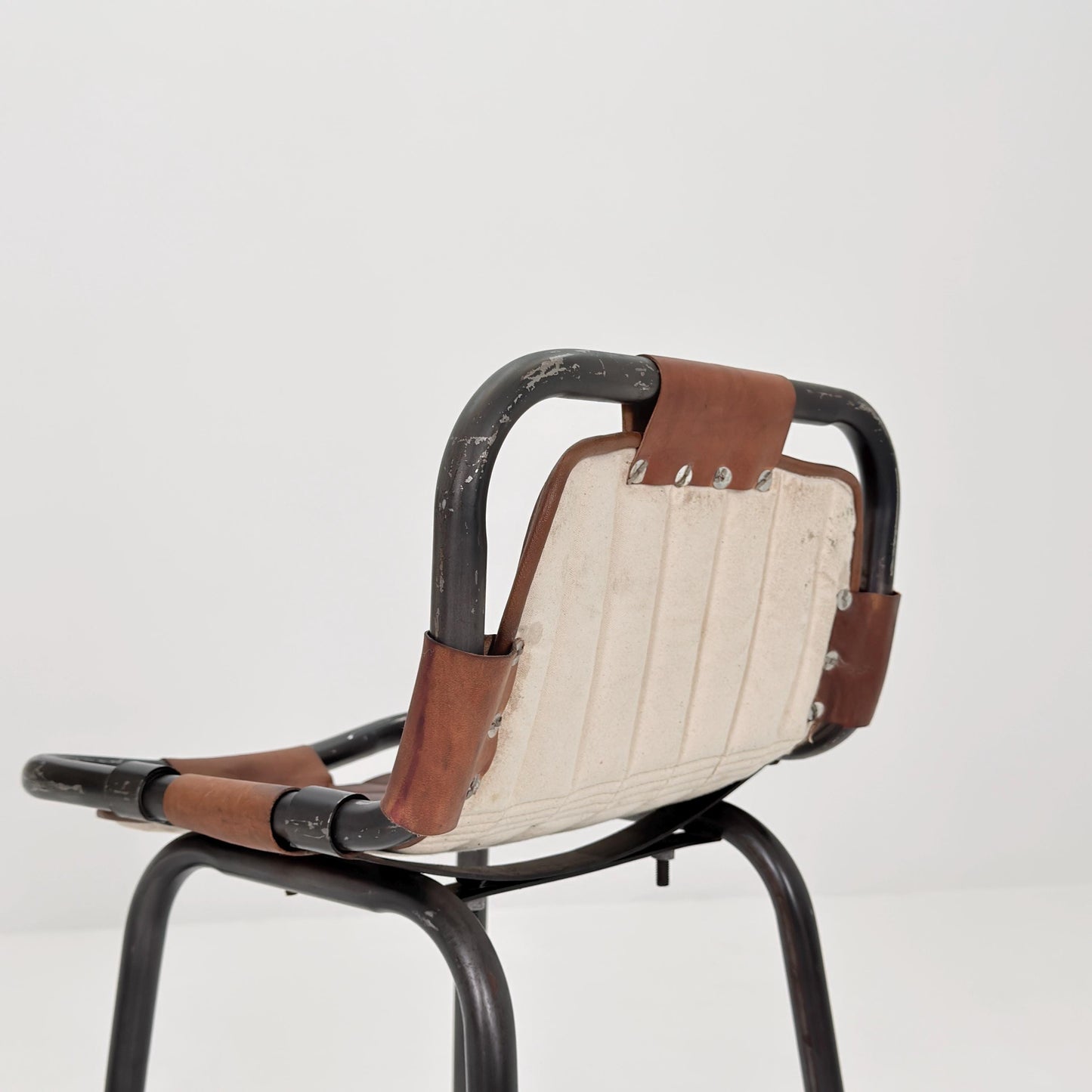 Set of 2 Mid-Century Modern Bar Chairs | Vintage Industrial Leather & Iron Stools 1980s