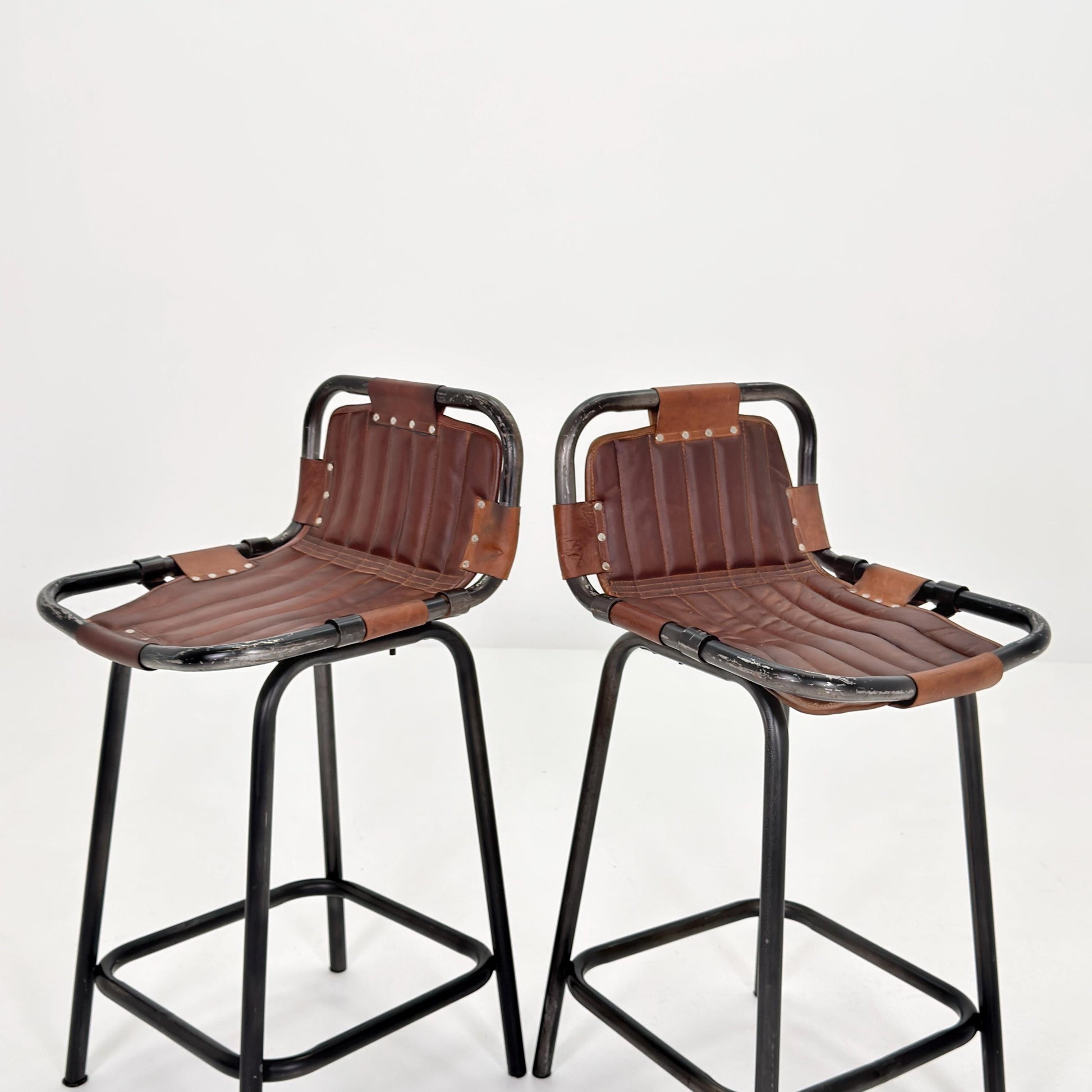 Set of 2 Mid-Century Modern Bar Chairs | Vintage Industrial Leather & Iron Stools 1980s