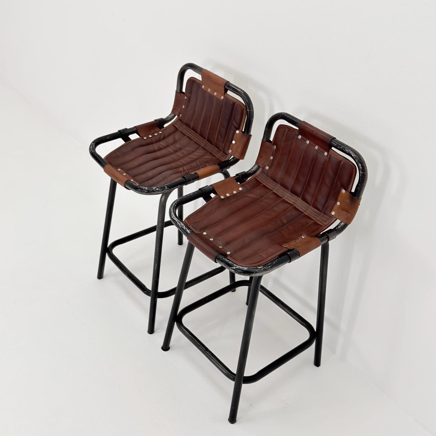 Set of 2 Mid-Century Modern Bar Chairs | Vintage Industrial Leather & Iron Stools 1980s