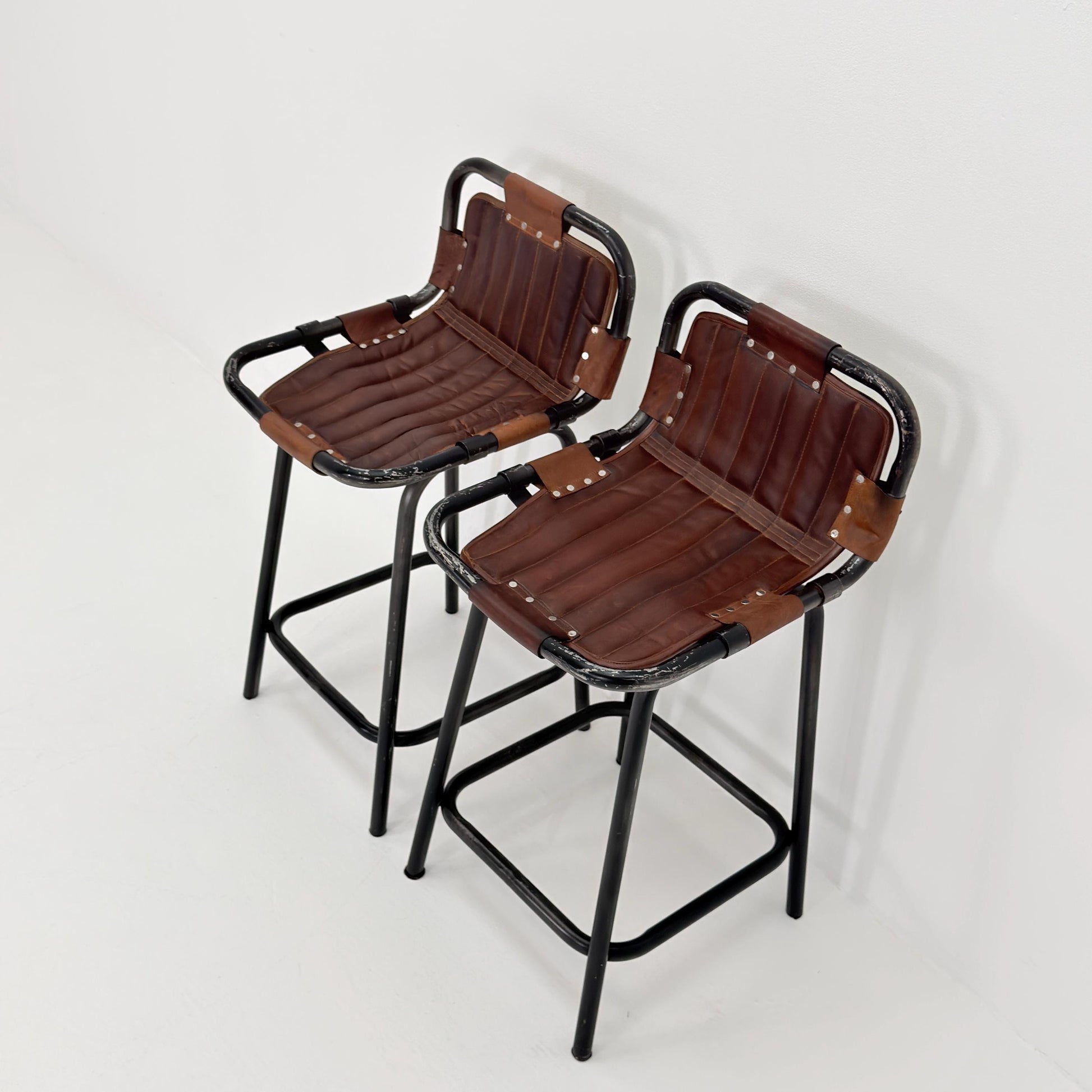 Set of 2 Mid-Century Modern Bar Chairs | Vintage Industrial Leather & Iron Stools 1980s