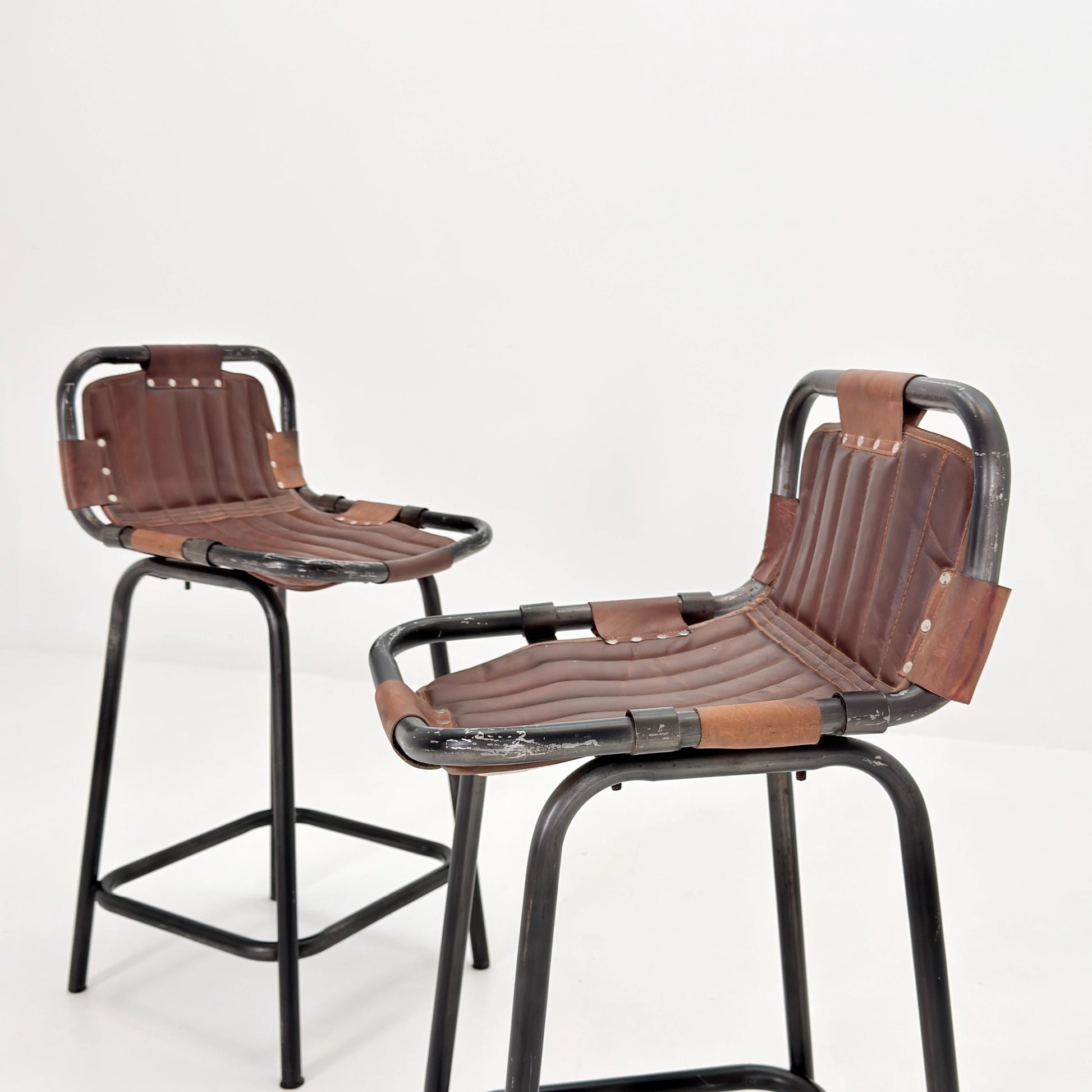 Set of 2 Mid-Century Modern Bar Chairs | Vintage Industrial Leather & Iron Stools 1980s