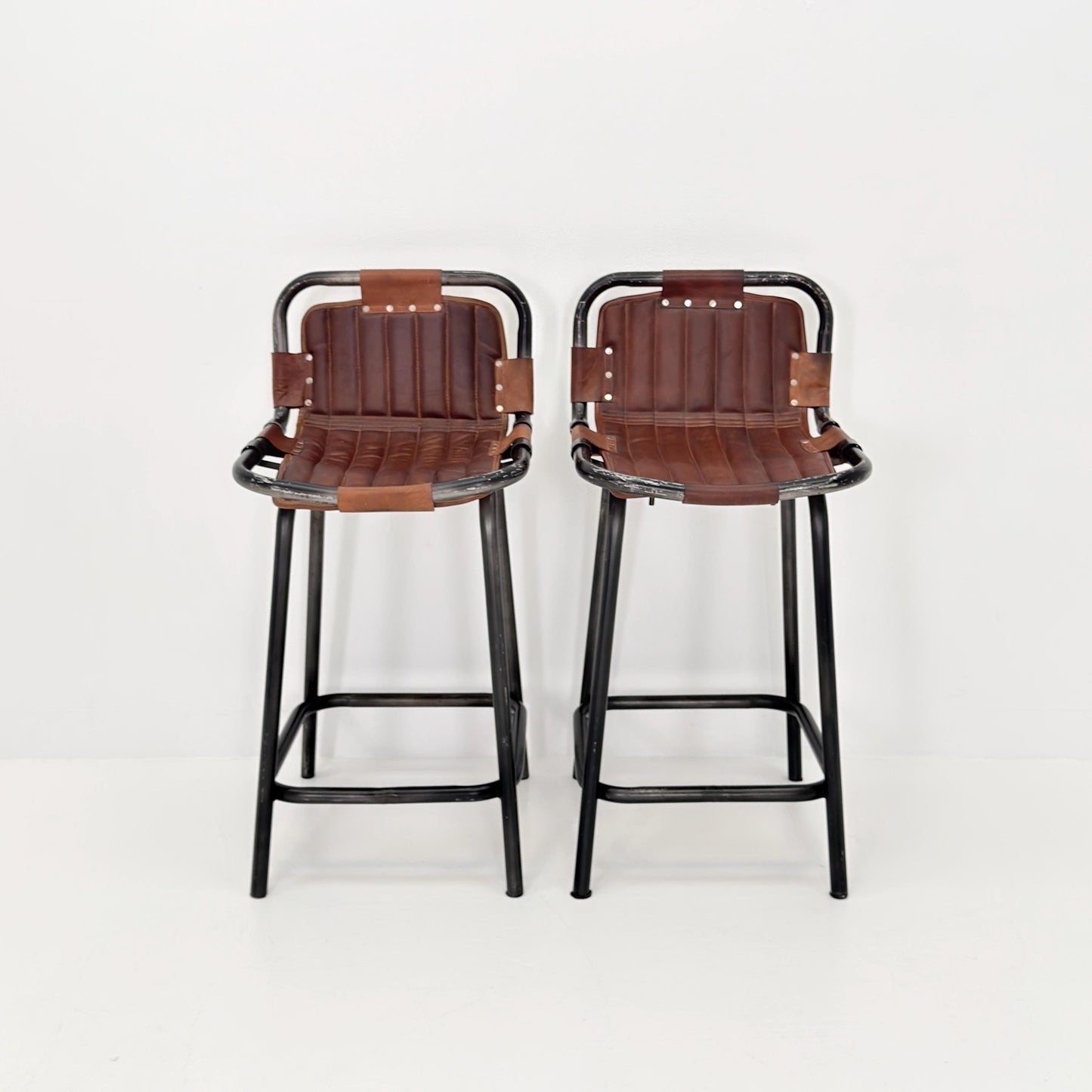 Set of 2 Mid-Century Modern Bar Chairs | Vintage Industrial Leather & Iron Stools 1980s