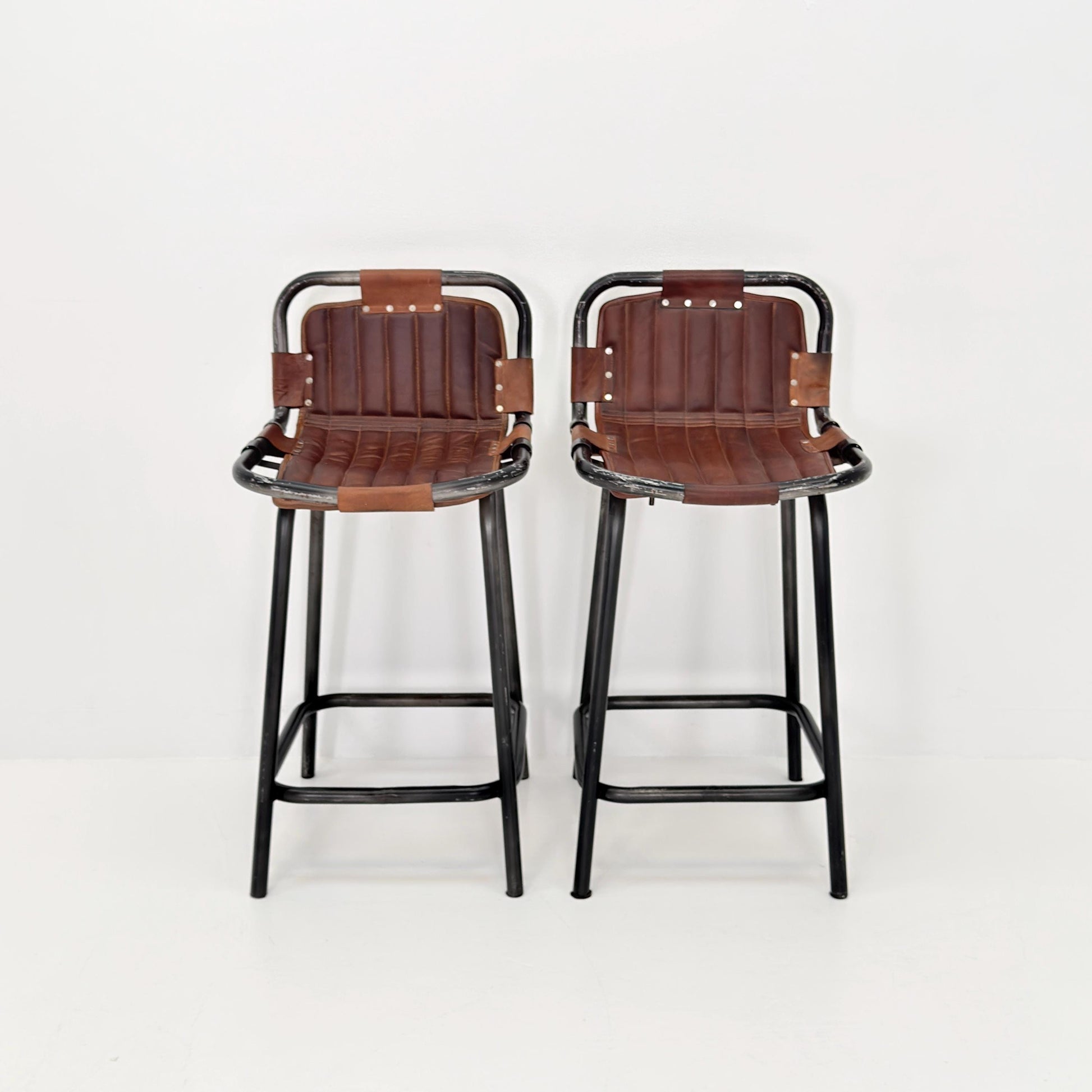 Set of 2 Mid-Century Modern Bar Chairs | Vintage Industrial Leather & Iron Stools 1980s