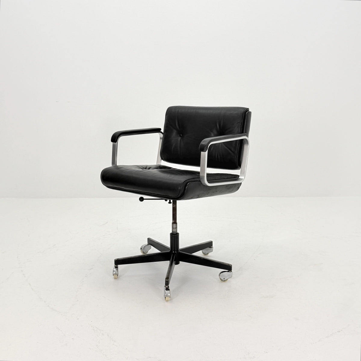 Mid-Century design style Executive Desk Chair – Swivel Office – Black Faux Leather & Chrome – Italy 1970s