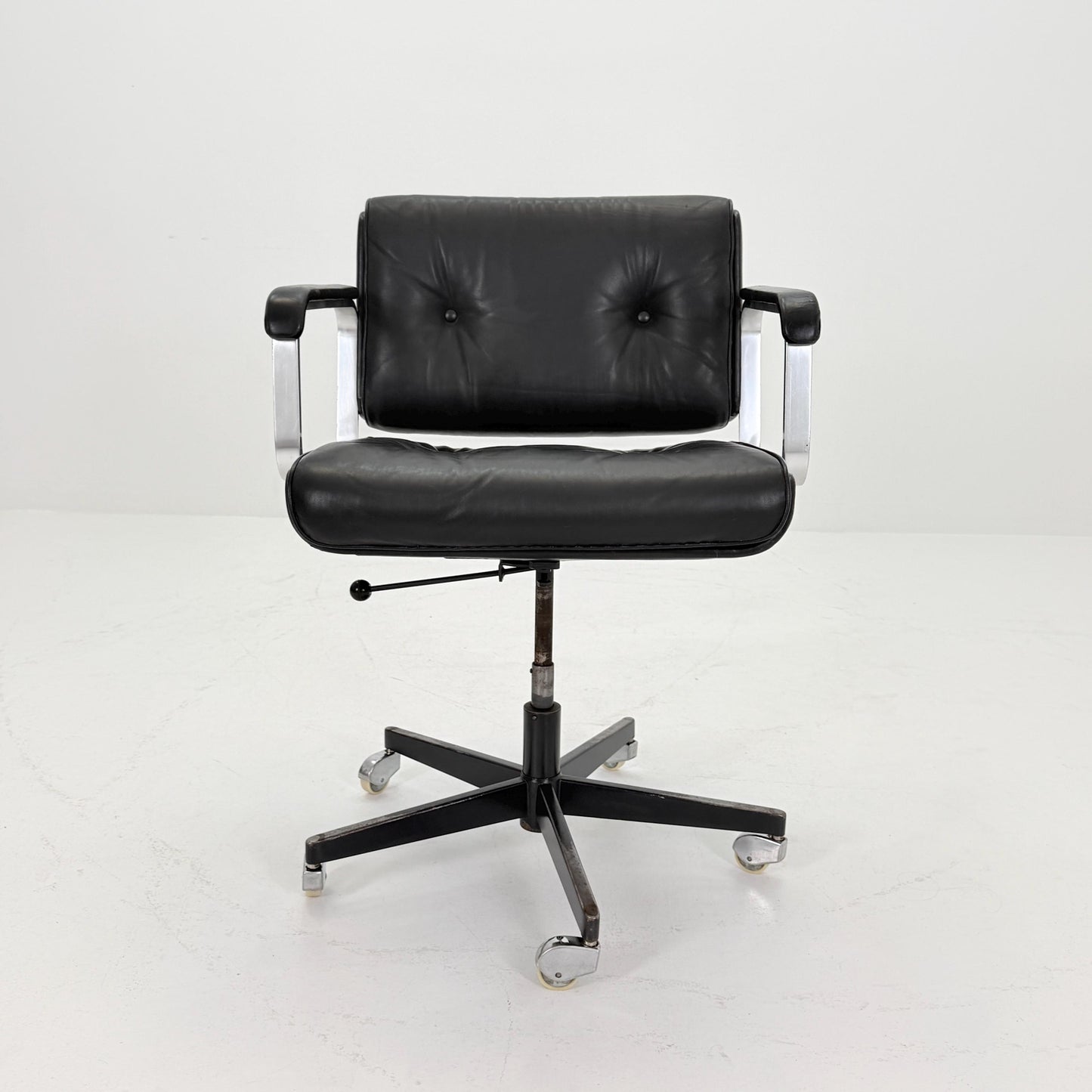 Mid-Century design style Executive Desk Chair – Swivel Office – Black Faux Leather & Chrome – Italy 1970s