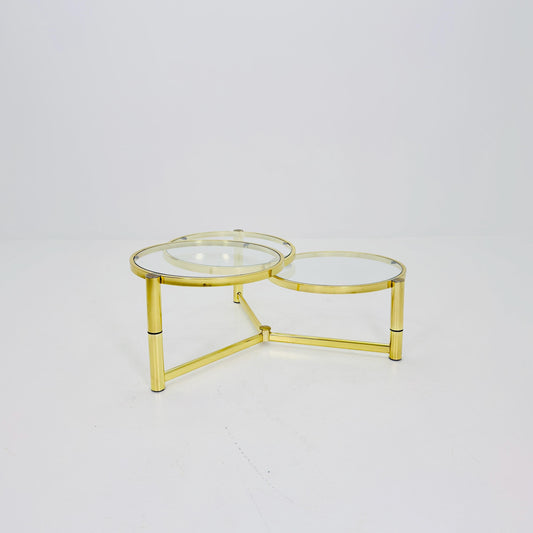 Rare Swivel Coffee Table in Golden Brass – 3 Rotating Circular Glass Shelves,1980s Italy