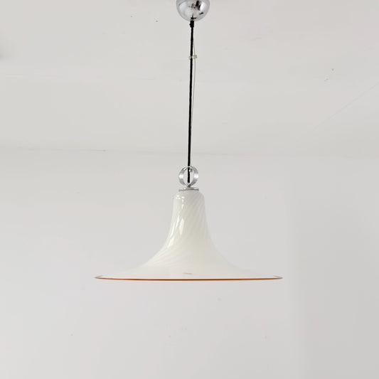 Mid century Large Murano Glass Swirl Pendant Lamp Italy 1980s | White Glass Ceiling Light | Hand Blown Italian Murano