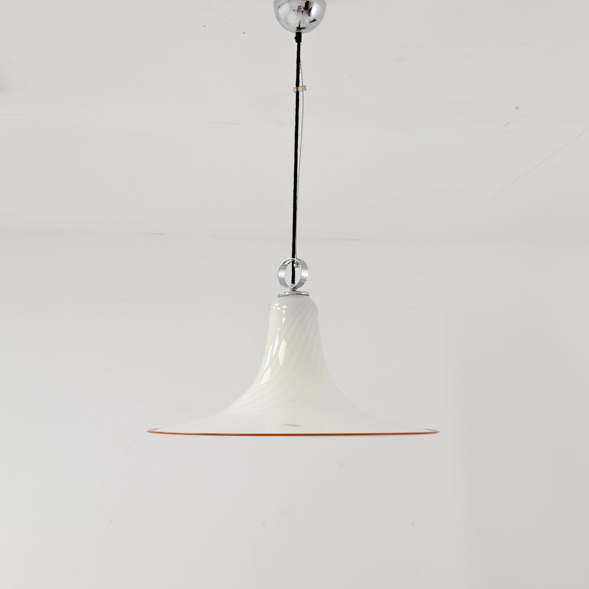 Mid century Large Murano Glass Swirl Pendant Lamp Italy 1980s | White Glass Ceiling Light | Hand Blown Italian Murano