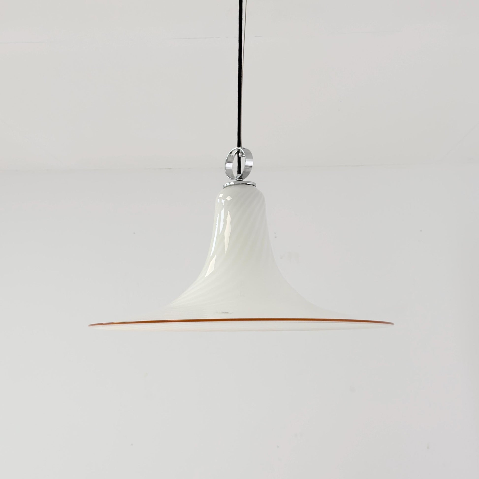 Mid century Large Murano Glass Swirl Pendant Lamp Italy 1980s | White Glass Ceiling Light | Hand Blown Italian Murano