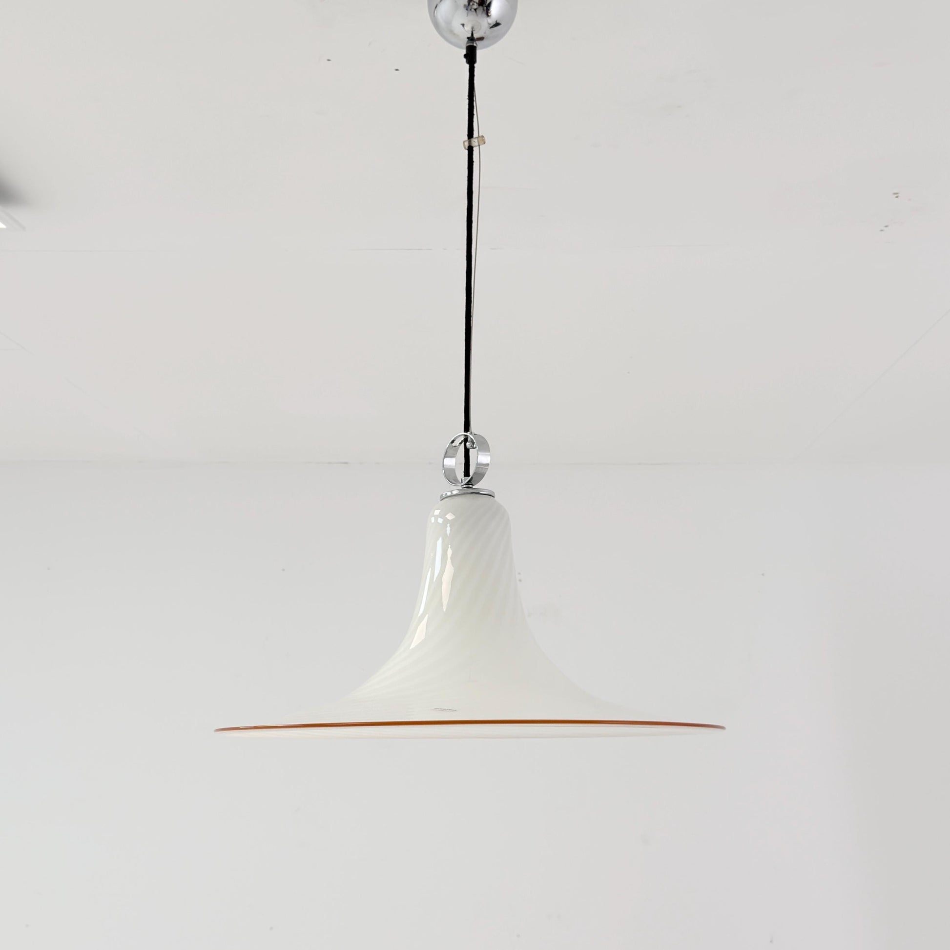 Mid century Large Murano Glass Swirl Pendant Lamp Italy 1980s | White Glass Ceiling Light | Hand Blown Italian Murano