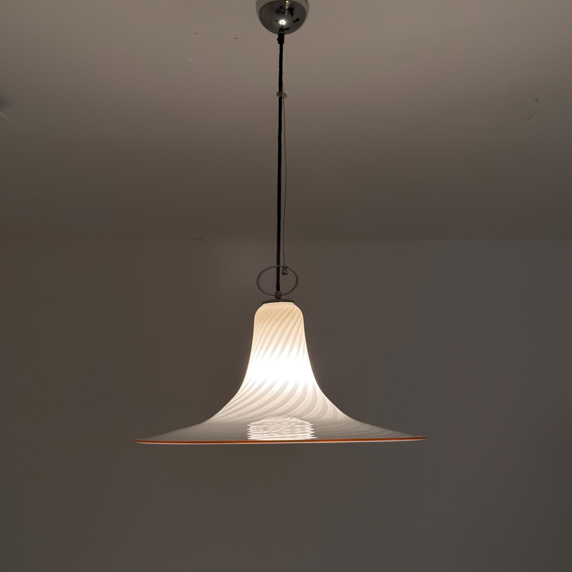 Mid century Large Murano Glass Swirl Pendant Lamp Italy 1980s | White Glass Ceiling Light | Hand Blown Italian Murano