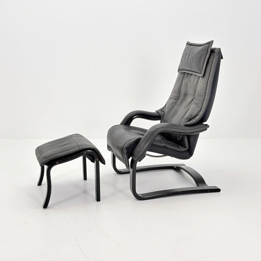 Mid Century Scandinavian Lounge Chair & Ottoman by Rybo Rykken AIM 330 – Adjustable Recliner Chaise Dark Grey Leather – 1990s Norway
