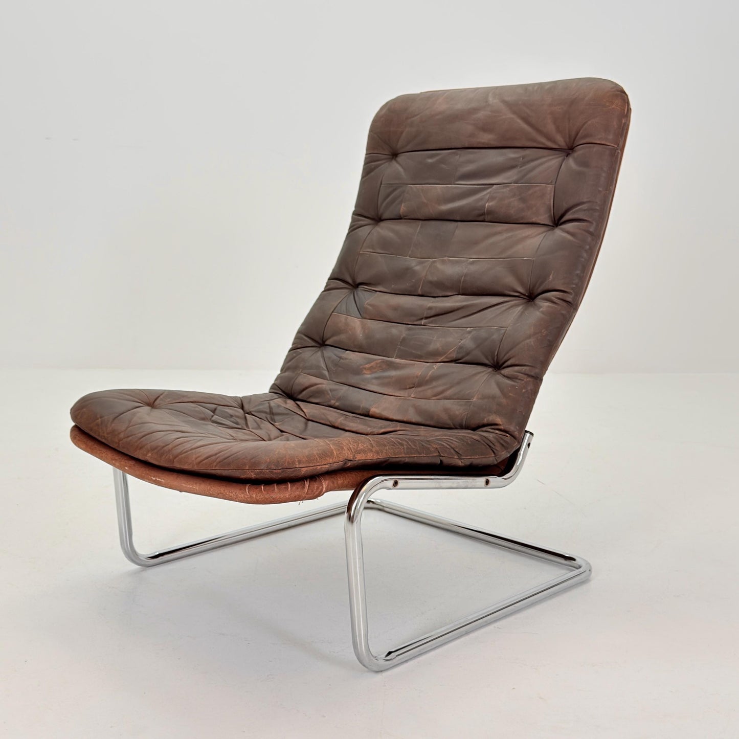 Mid Century Bauhaus cantilever Brown Patchwork Leather, Lounge Chair, Italy 1980s
