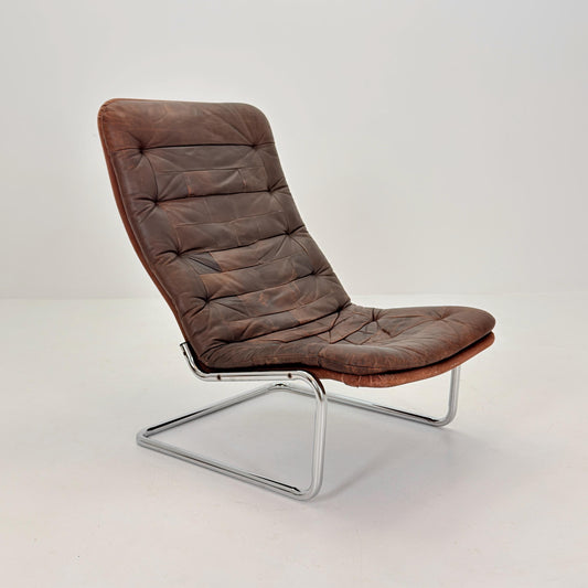 Mid Century Bauhaus cantilever Brown Patchwork Leather, Lounge Chair, Italy 1980s