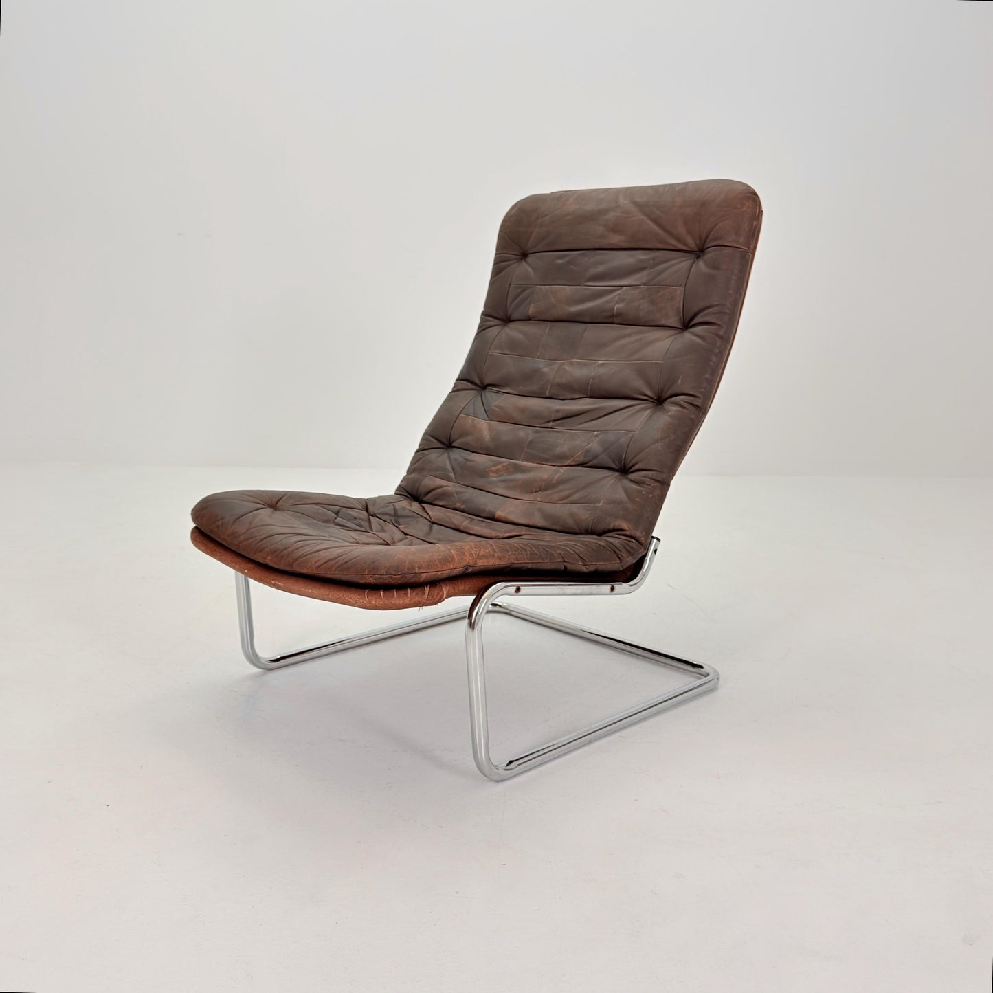 Mid Century Bauhaus cantilever Brown Patchwork Leather, Lounge Chair, Italy 1980s