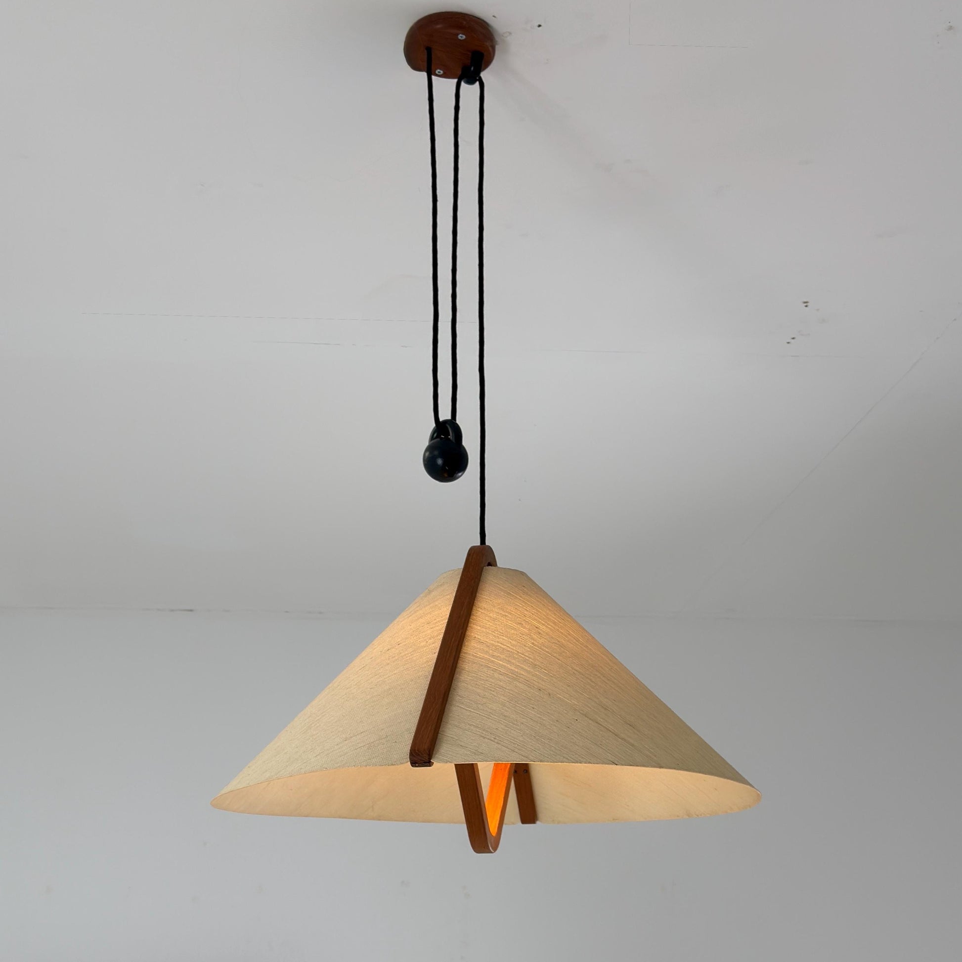 Mid-Century Adjustable Teak Wood & Fabric Pendant Lamp by Domus, Germany, 1960s