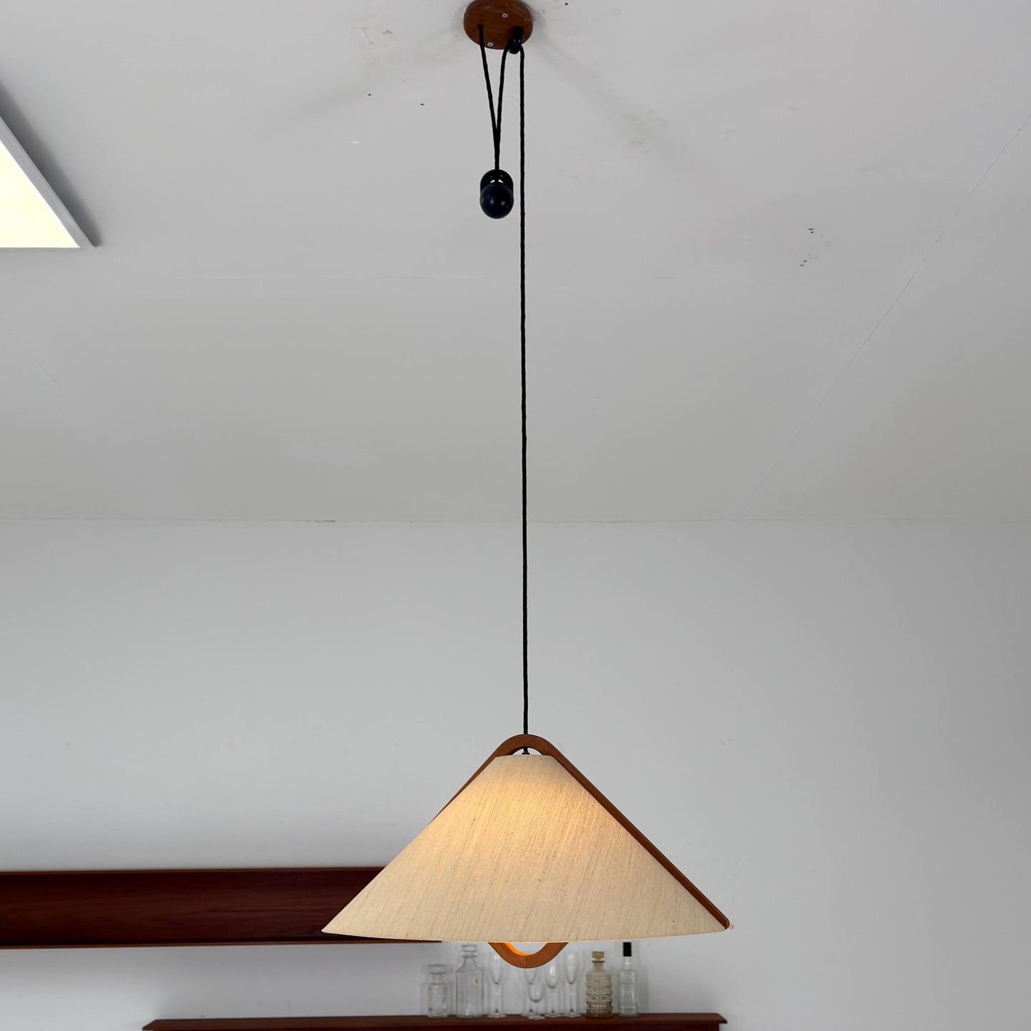 Mid-Century Adjustable Teak Wood & Fabric Pendant Lamp by Domus, Germany, 1960s