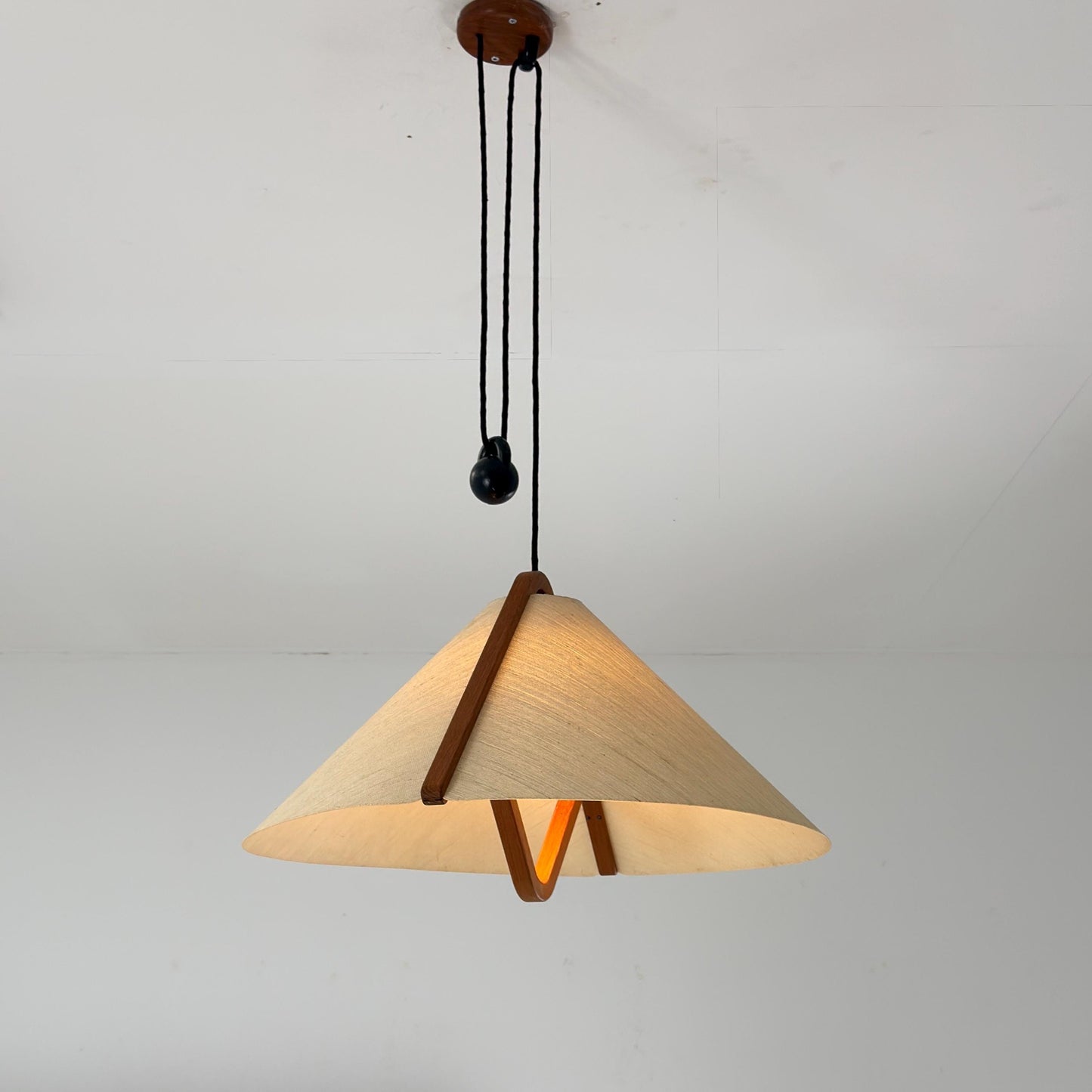 Mid-Century Adjustable Teak Wood & Fabric Pendant Lamp by Domus, Germany, 1960s