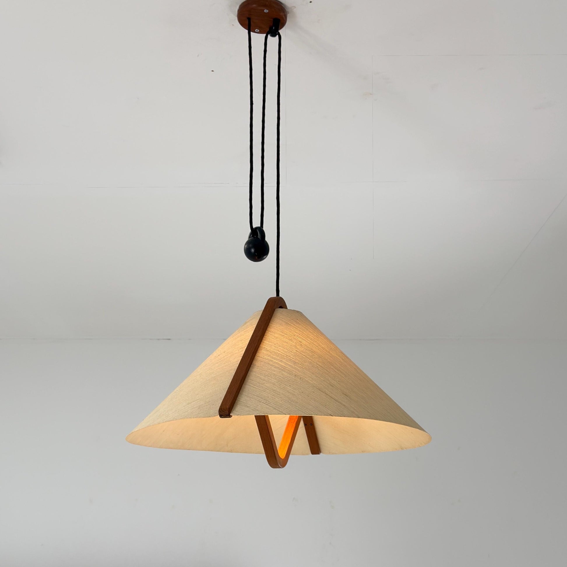 Mid-Century Adjustable Teak Wood & Fabric Pendant Lamp by Domus, Germany, 1960s