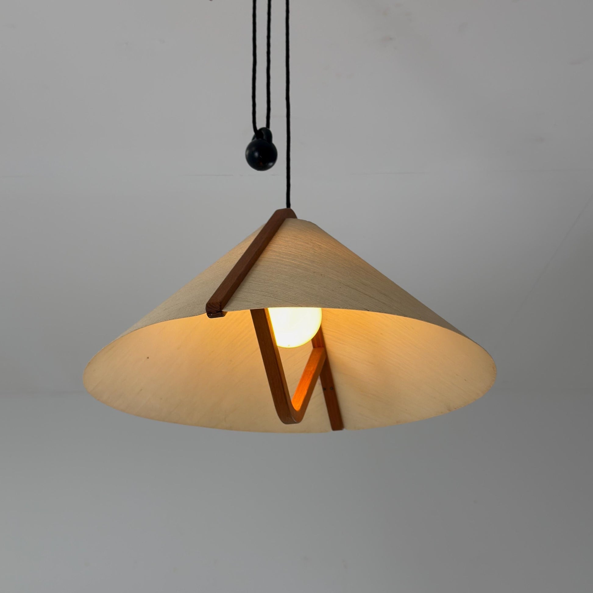 Mid-Century Adjustable Teak Wood & Fabric Pendant Lamp by Domus, Germany, 1960s