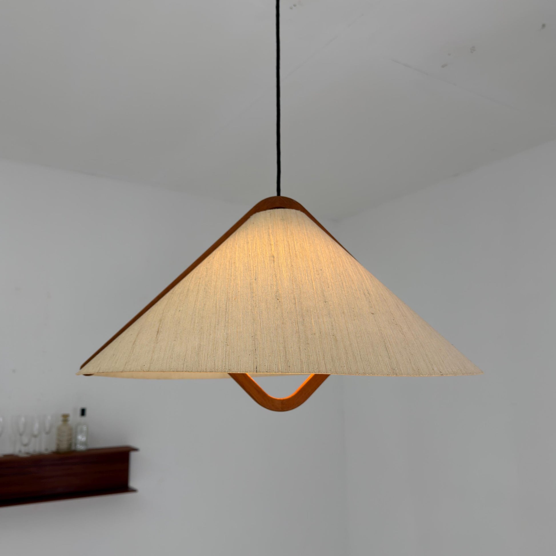Mid-Century Adjustable Teak Wood & Fabric Pendant Lamp by Domus, Germany, 1960s