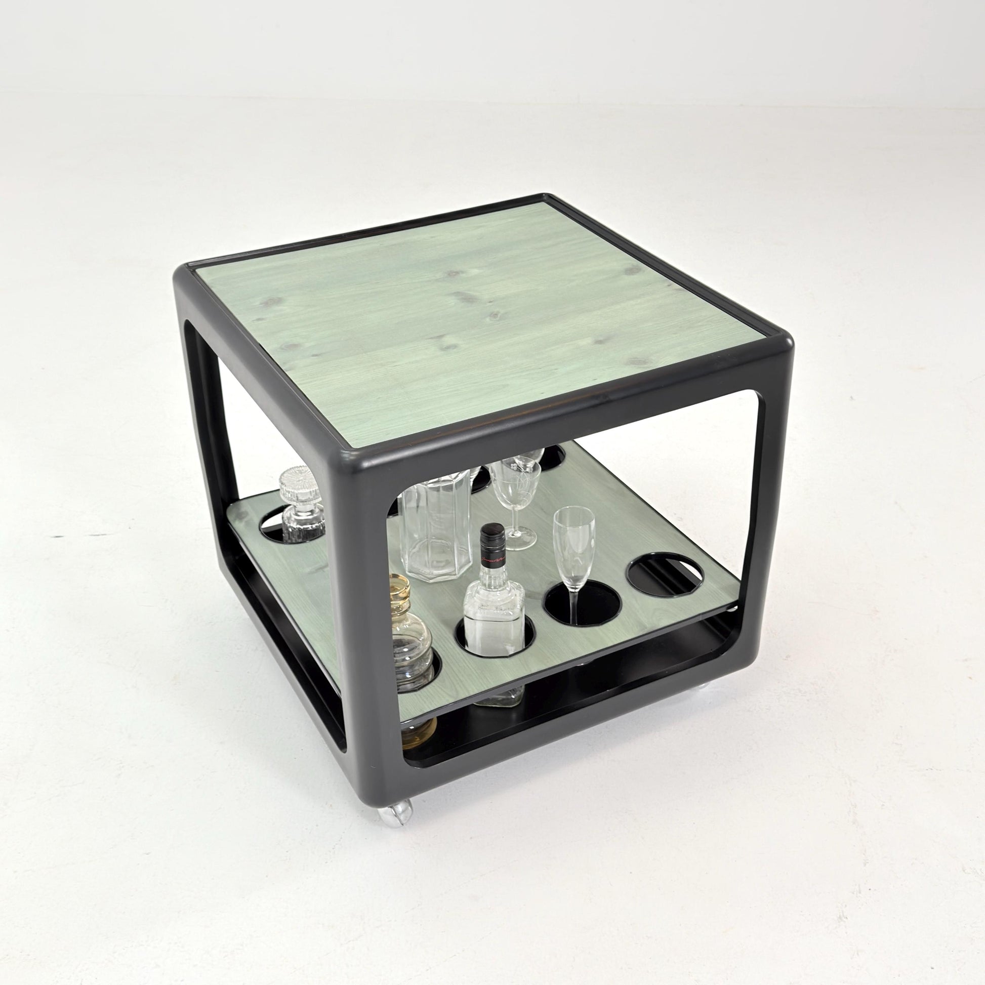 Rare Space Age Cube Bar Cart, by Horn 1970s Germany – Vintage Club Würfel Bar Table, Black & Green