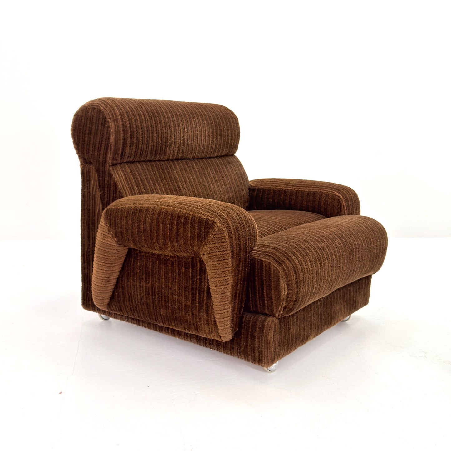 1 of 2 Mid Century Brown Corduroy Lounge Chair on Casters, 1970s Club Chair, Italy