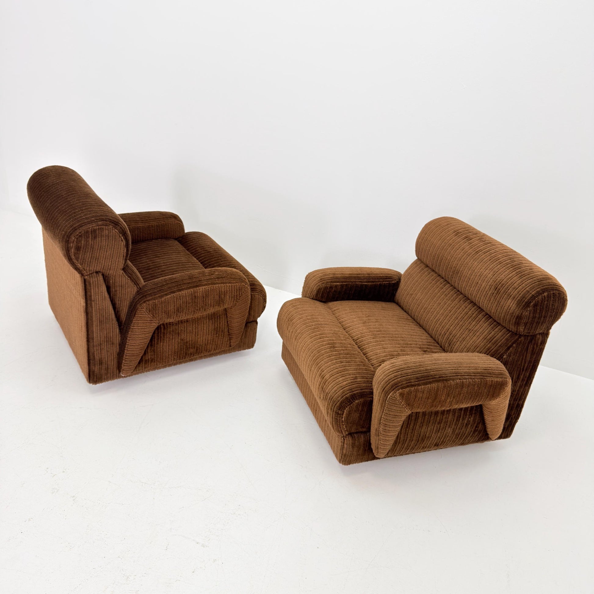 1 of 2 Mid Century Brown Corduroy Lounge Chair on Casters, 1970s Club Chair, Italy