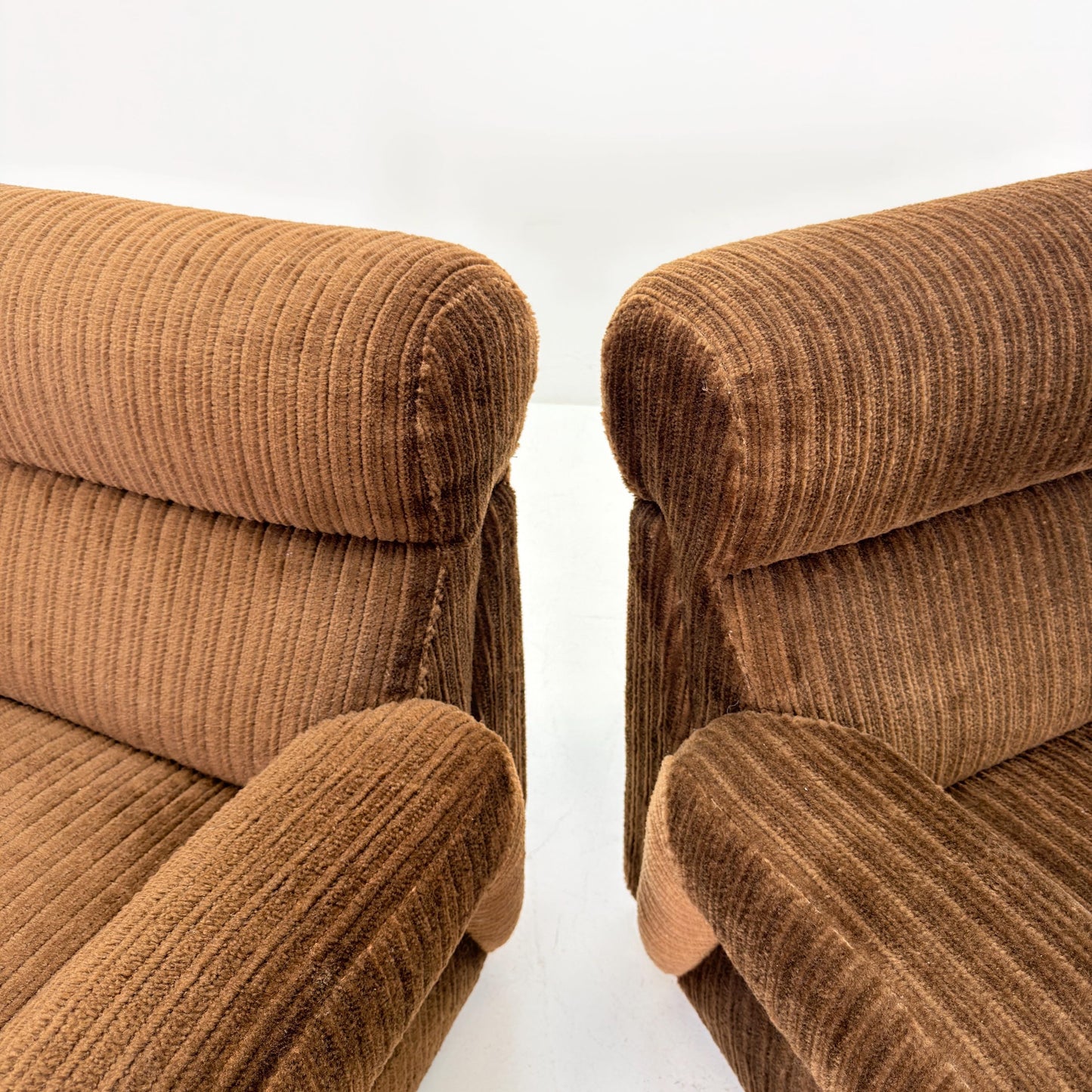 1 of 2 Mid Century Brown Corduroy Lounge Chair on Casters, 1970s Club Chair, Italy