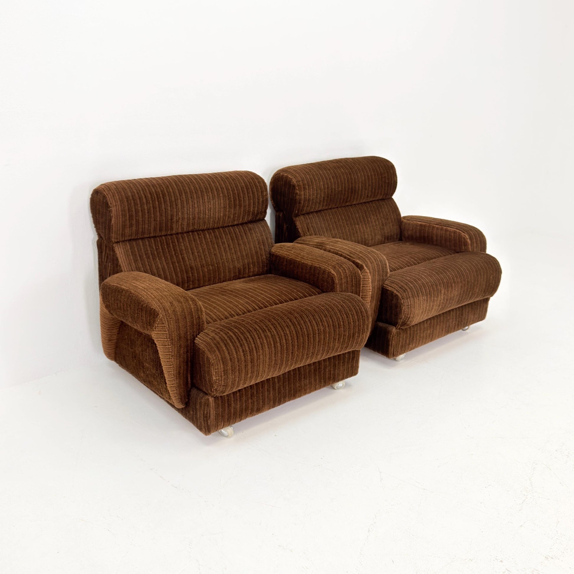 1 of 2 Mid Century Brown Corduroy Lounge Chair on Casters, 1970s Club Chair, Italy