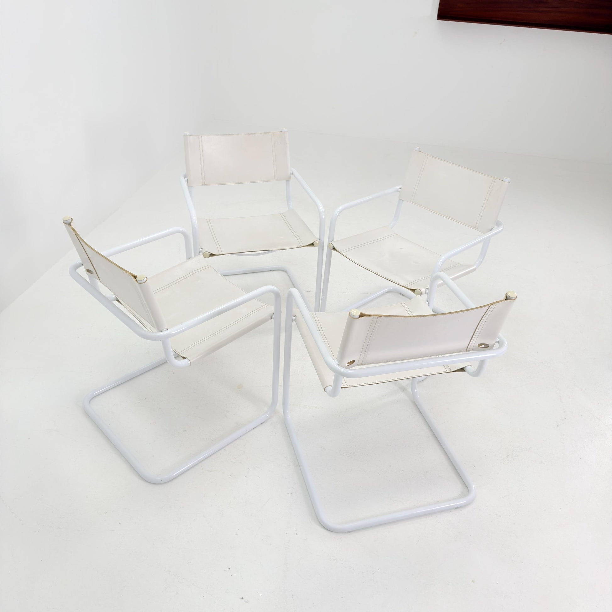 Set of 4 Mid Century Bauhaus Dining Chairs by Mart Stam & Marcel Breuer for Fasem Italy, 1980s – Rare All White Edition Cantilever Chairs