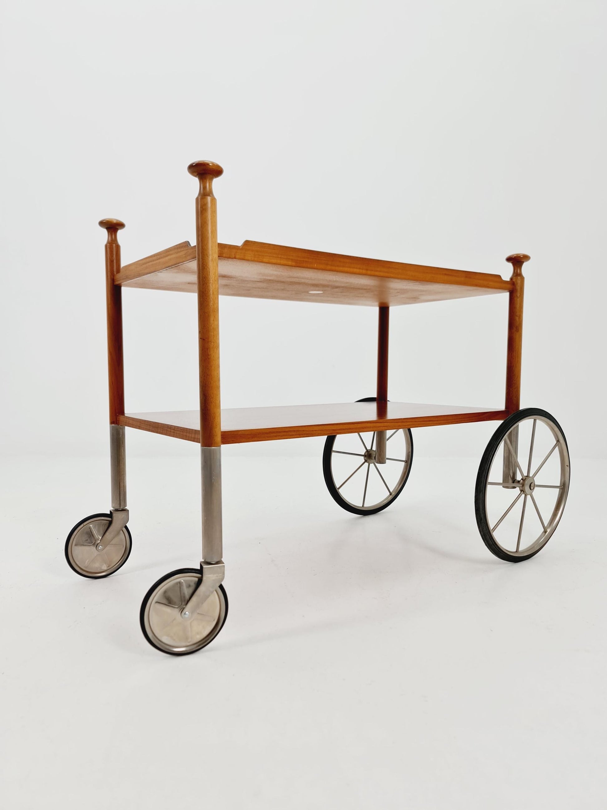 Vintage German trolley bar cart in Walnut & Chrome By Wilhem Renz , 1960s