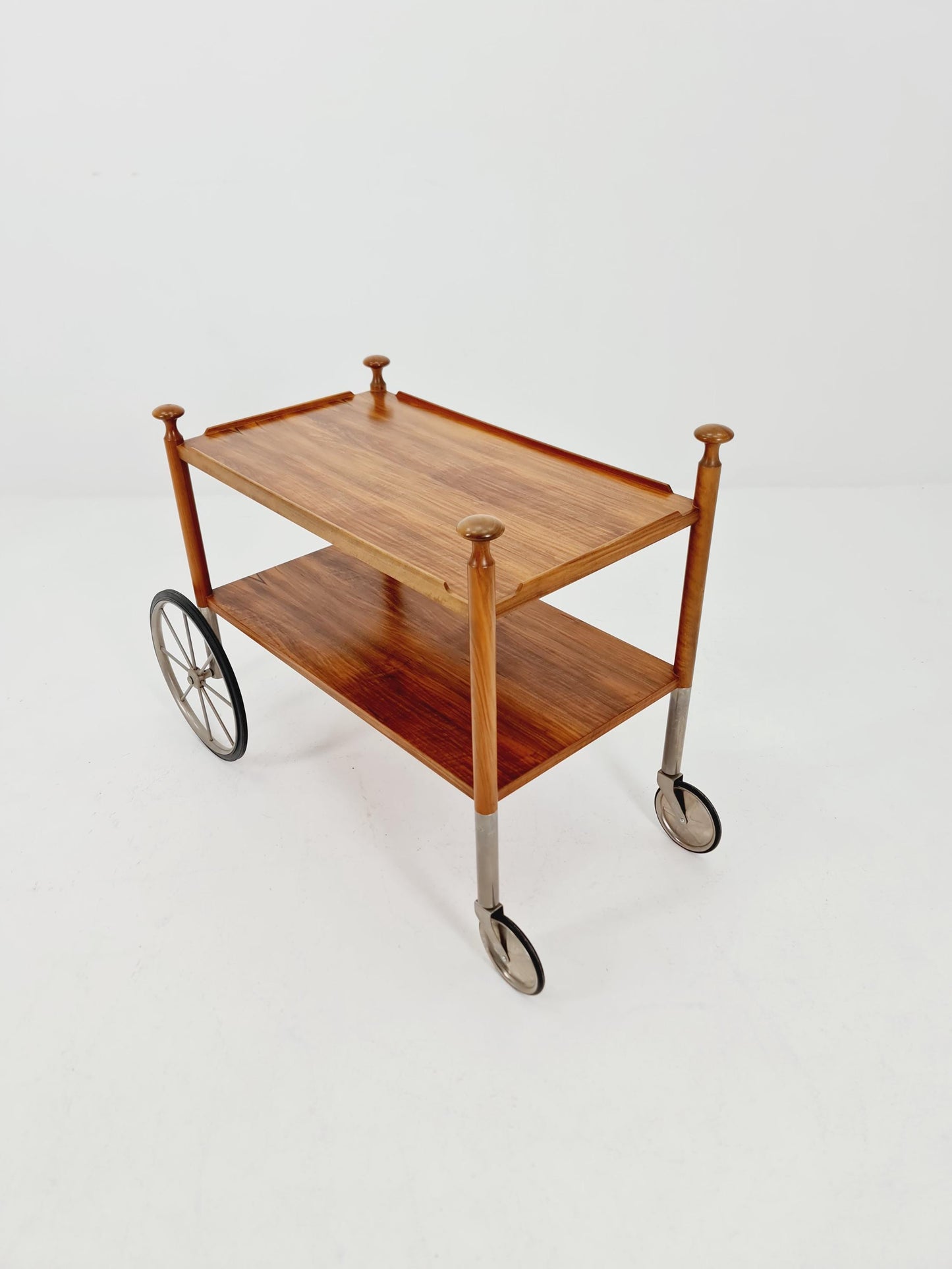 Vintage German trolley bar cart in Walnut & Chrome By Wilhem Renz , 1960s