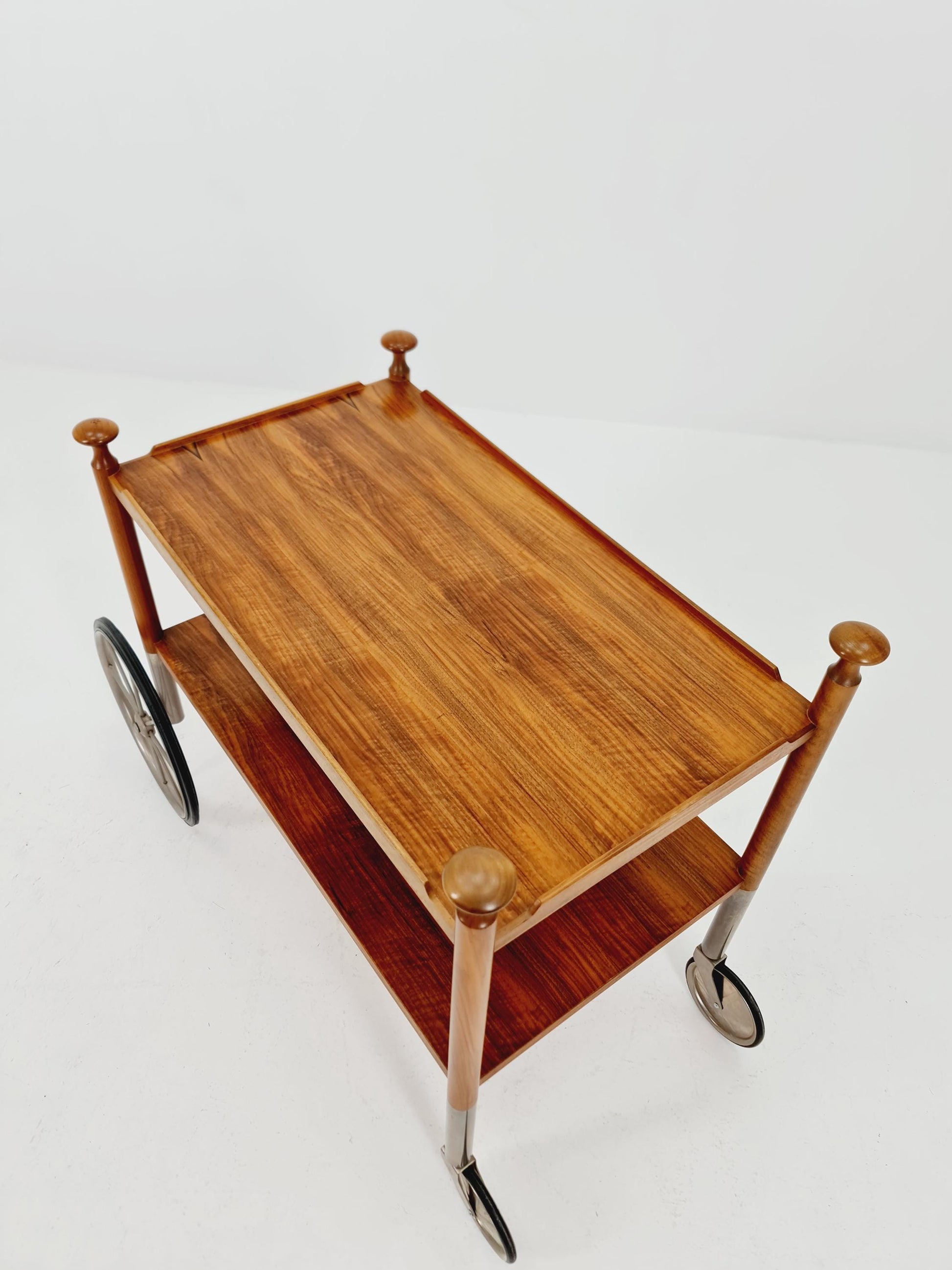 Vintage German trolley bar cart in Walnut & Chrome By Wilhem Renz , 1960s