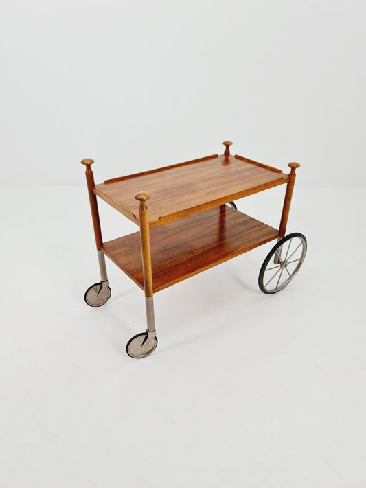 Vintage German trolley bar cart in Walnut & Chrome By Wilhem Renz , 1960s